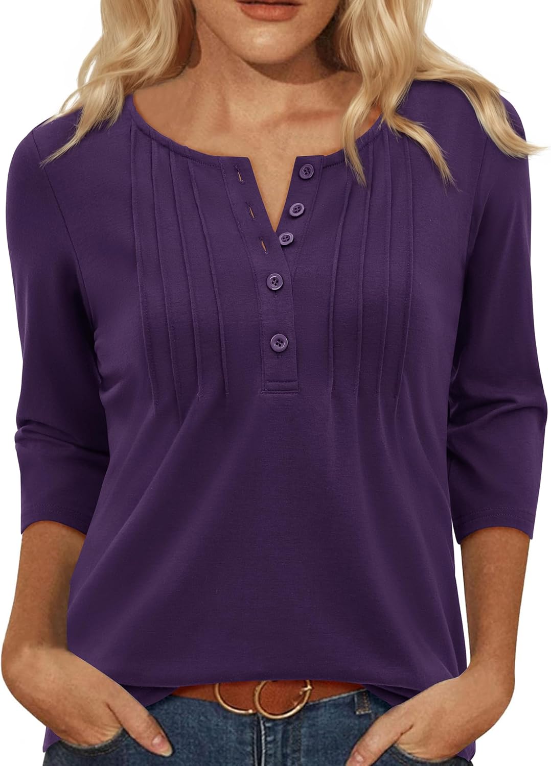 Henley Shirts for Women Button Down 3/4 Sleeve Tops Pleated V Neck Blouses Dressy Casual Basic Tunic Trendy Outfits