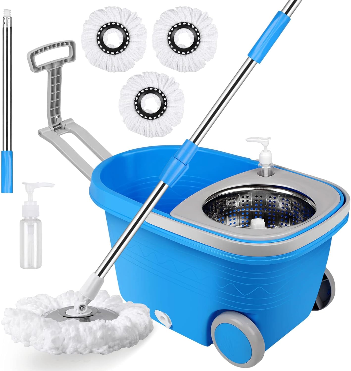 Spin Mop and Bucket with Wringer Set on Wheels, 360° Spinning Mop Bucket System with
