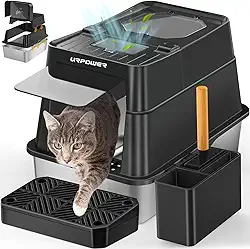 URPOWER Caixa de areia para gatos de aço inoxidável com tampa 110° Flip-Top caixa de areia fechada extra grande panela de metal não pegajosa com face alta e colher, sem odor, entrada frontal e