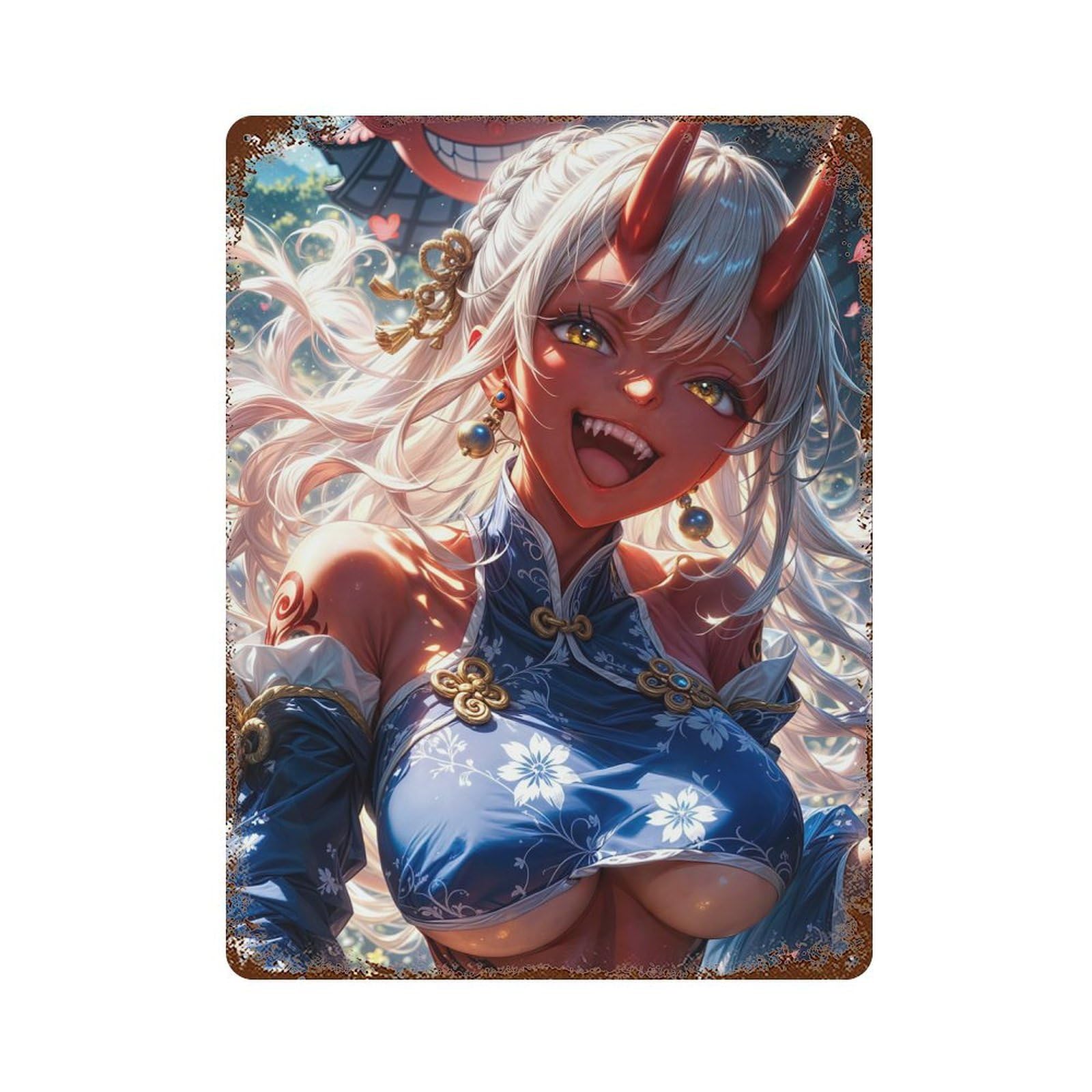 Smiling Oni Anime Girl 15.7"x11.8" Distressed Metal Wall Sign, Retro Wall Decor for Garage, Bar And Workshop Decor