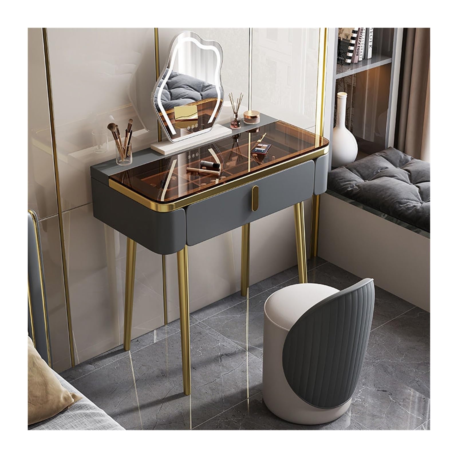 CGCSYZ Vanity Desk Makeup Vanity with Glam Glass Top Makeup Table with Mirror and Chair Vanity Desk with Metal Table Legs Makeup Dressing Table (Dark Grey 100cm)