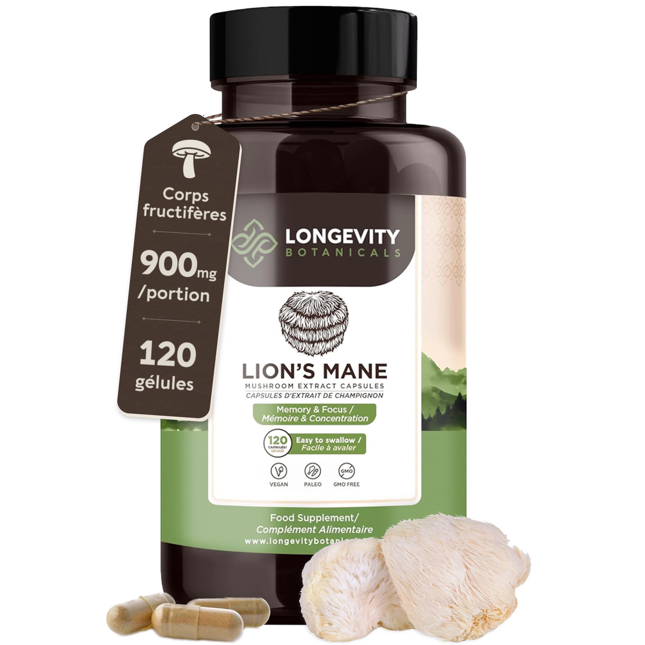 Gélules Crinière de Lion (Lion’s Mane) x120 | Extrait Puissant 8:1 de Champignon Corps Fructifère Pur | 20% Bêta-D Glucanes | Équivalent Brut 7200mg par Portion | Soutien Mémoire Intestin & Cerveau