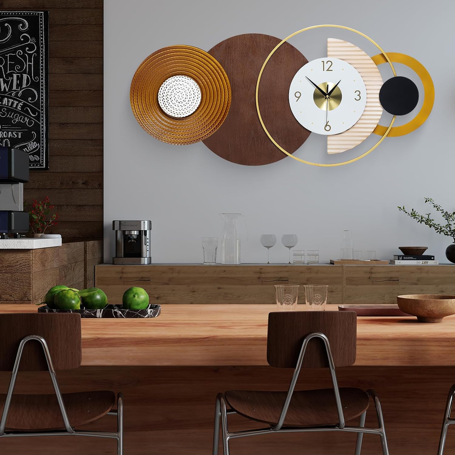 Modern Big Wall Clock Decorative Battery Operated Wall Clocks Large Mid Century Clock for Living Room,Silent Metal Wall Clock Circle Geometric Clocks for Home,Living Room,Bedroom Chestnut Rhythm-m