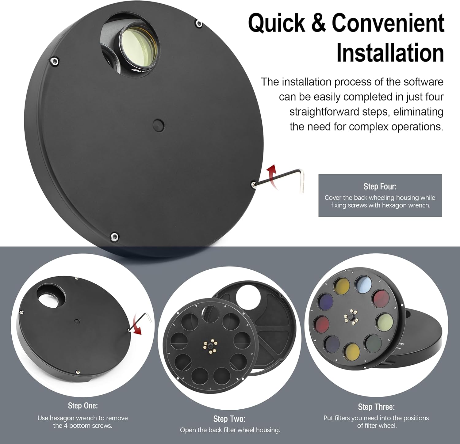 Astromania Telescope Filter Drawer, Multiple 9-Position Filter Wheel Holder for Telescope with T-Adapter, Telescope Accessories Compatible with 1.25 Inch Filters for Planetary Moon Nebula Observation