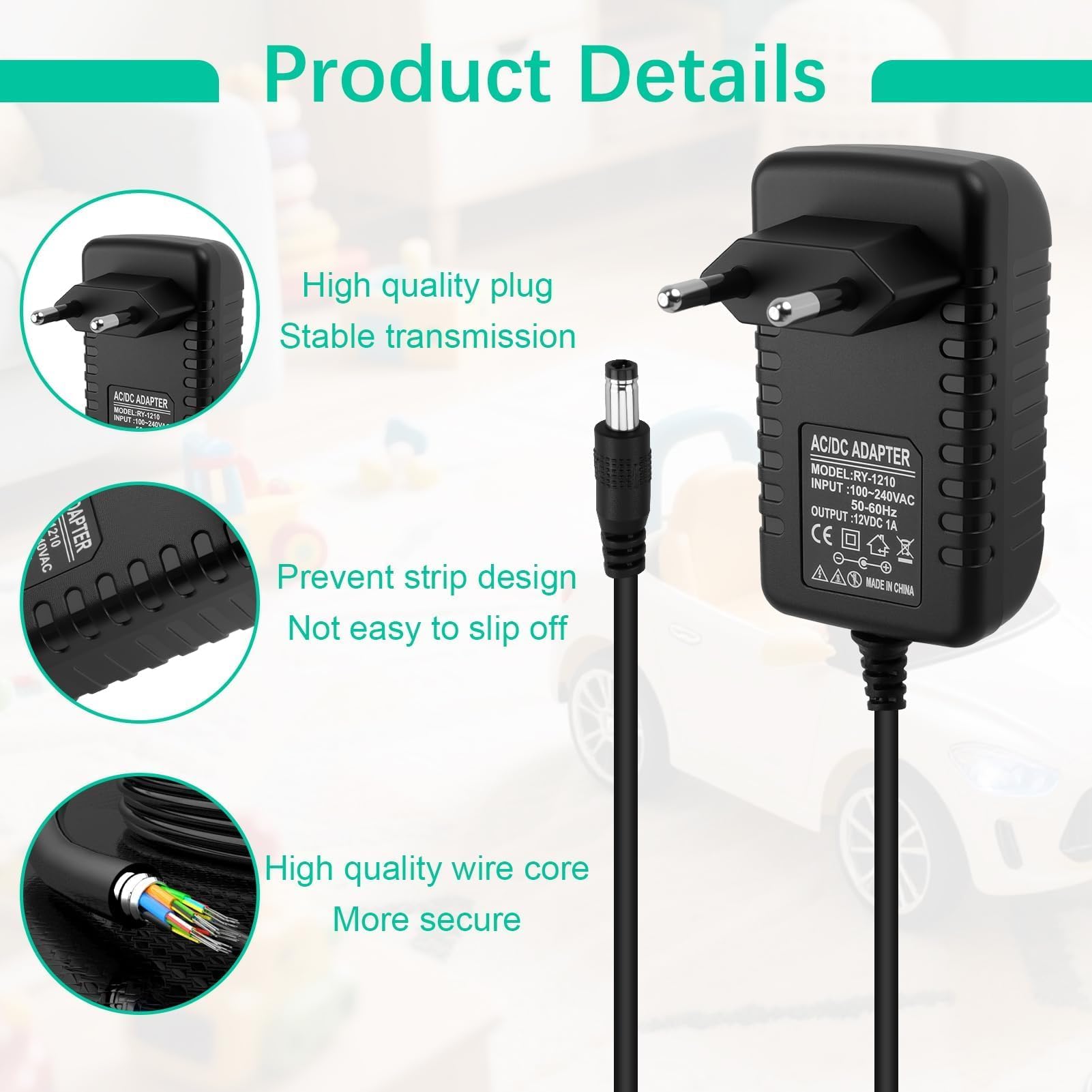 Caricabatterie 12V 1A per Bambini Guida Elettrica con Auto, 12V Caricatore per Guida Elettrica su Giocattoli motociclette elettriche per bambini SUV ATV Quad Moto, Connettore 2,1 mm x 5,5 mm