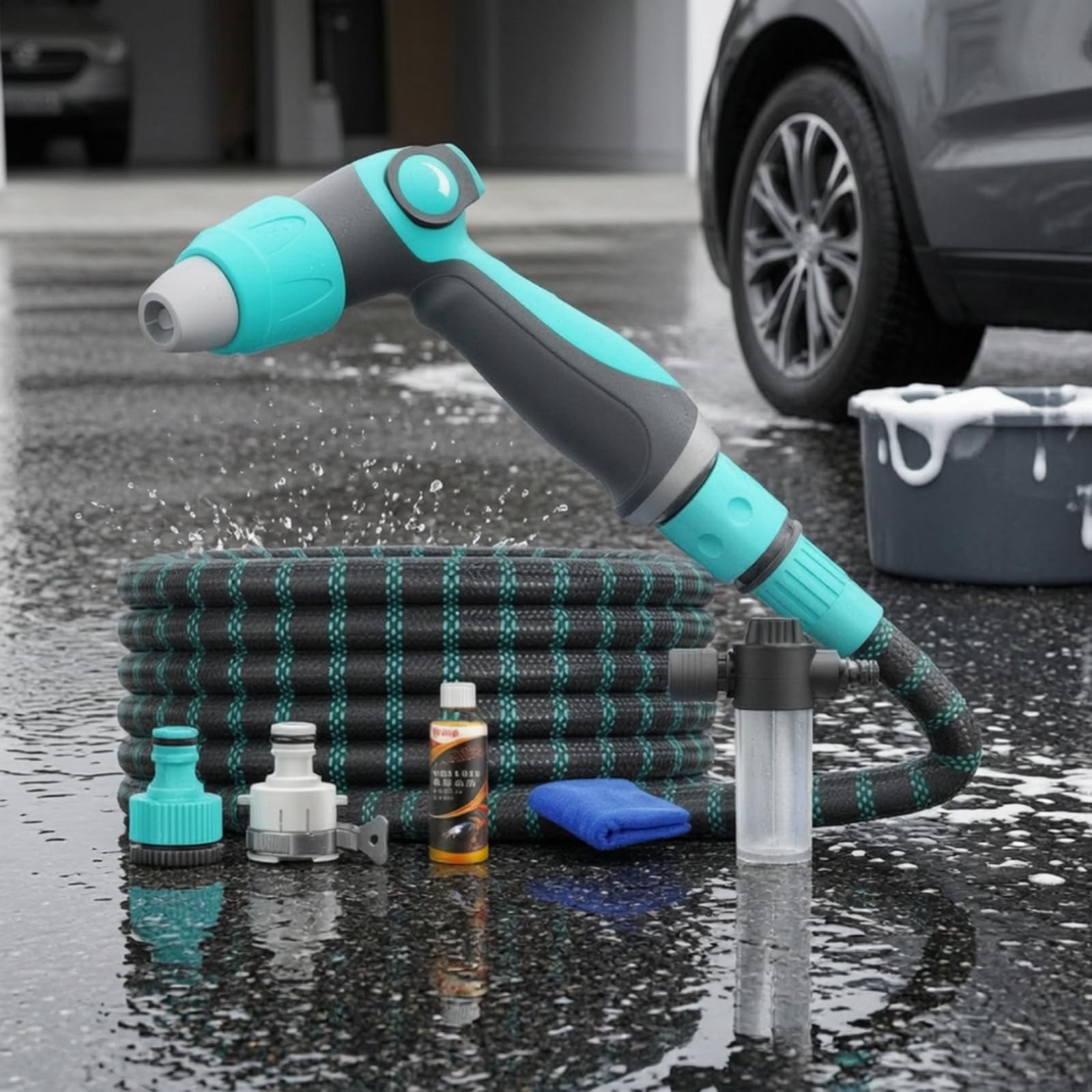 Baoblaze Idropistola Ad Alta Pressione Set Irrigazione Tubo Estensibile Pistola Spruzzo Multigetto Connettori Standard Universali Borsa Conservazione Tessuto