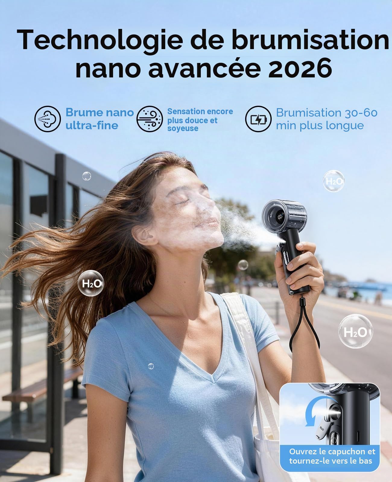 KIMMOO Ventilateur turbo portable portable avec brumisation, puissant 25 000 tr/min, vitesse (1 à 100), réservoir d'eau de 50 ml, ventilateur personnel rechargeable par USB, petit ventilateur de poche