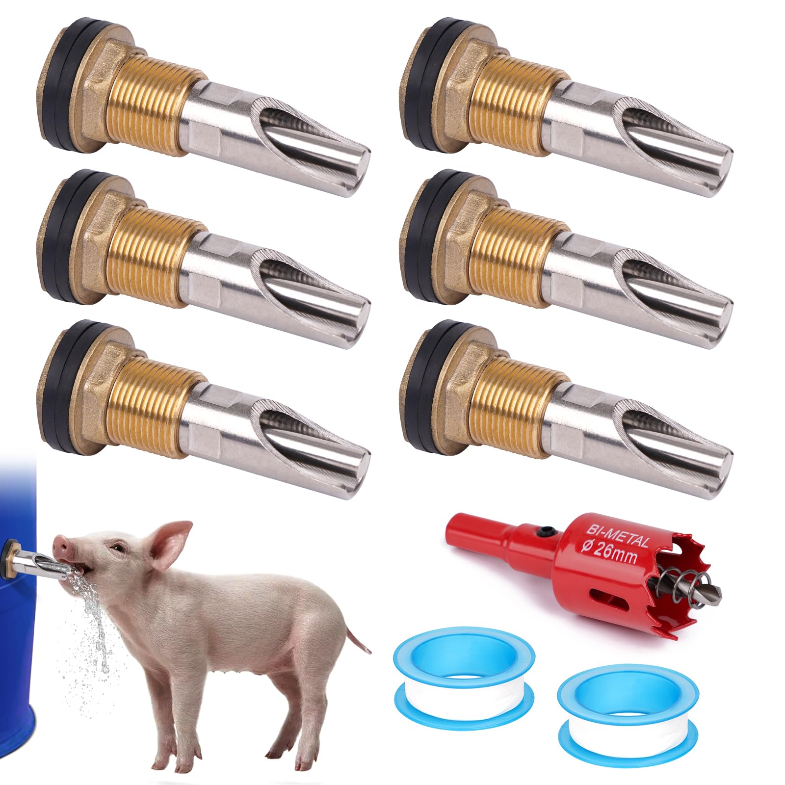 Pig Nipple Waterer for Barrel Kit Stainless Steel Pig Drinker Feeder with Brass Water Tank Connector Kit Automatic Pig Waterer System for Hog Goat