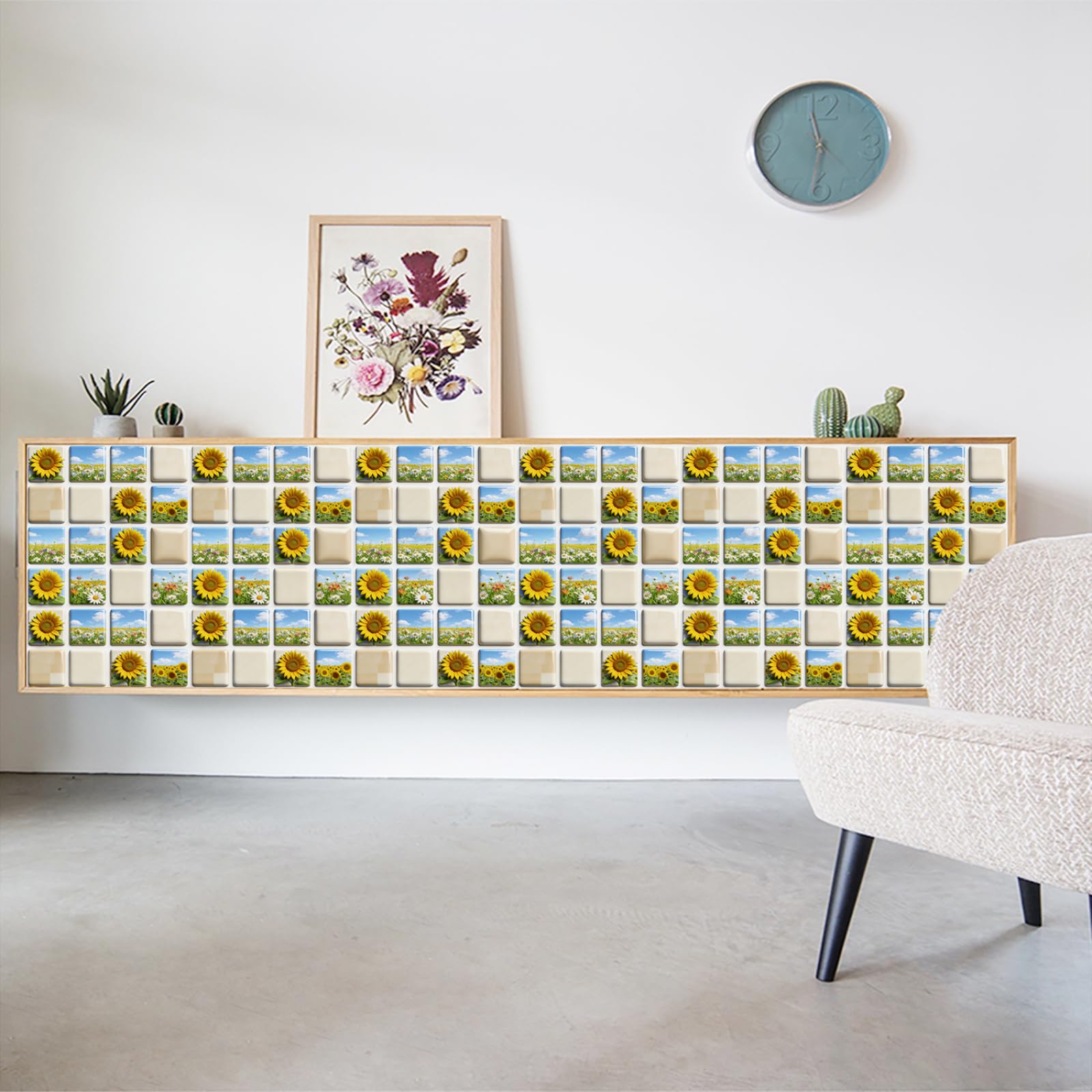 LMYSXAOZ Stick on Tiles 10x10cm Mosaic Sunflower Peel and Wall Stickers Waterproof Oil Proof PVC Decorative for Bathroom Washroom Bedroom,Floor