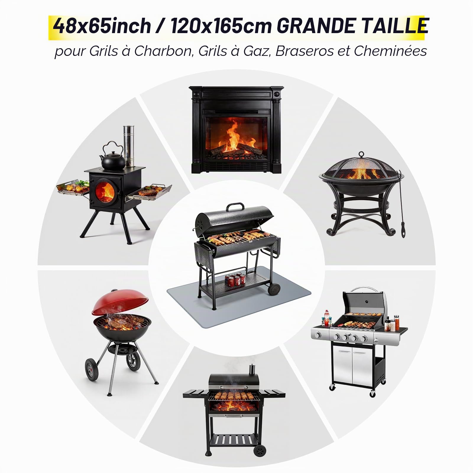 PAWBOSE Tapis de 65x48 Pouces sous le Grill pour Barbecue Extérieur, Tapis BBQ Double Face Ignifuge pour Patio et Terrasse, Tapis pour Foyer Extérieur Résistant au Feu et à l'Huile & Protège-Foyer