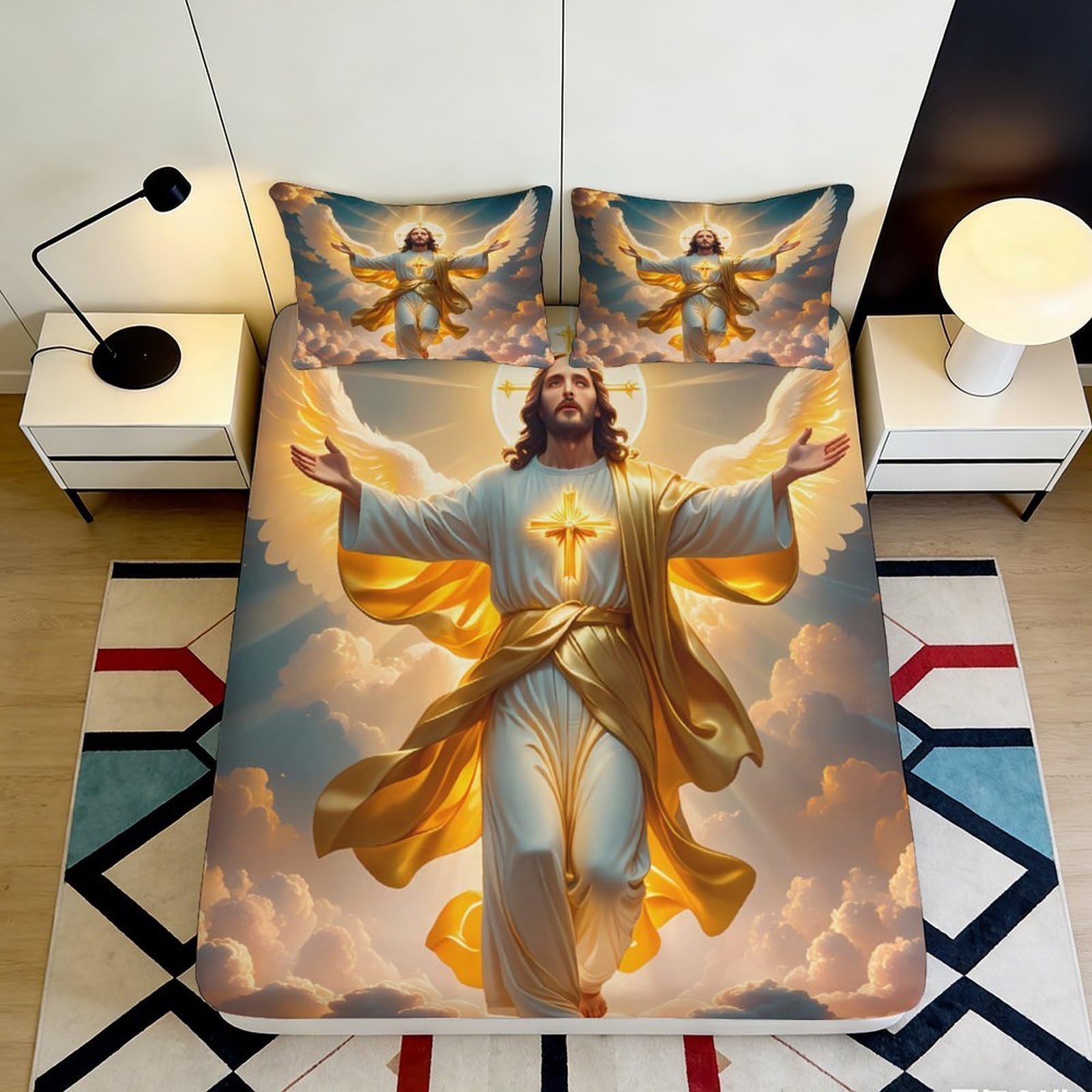 3D Printed Angel Wings Fitted Sheet Microfiber Soft Breathable Heavenly Light Bed Cover for Bedroom Dormitory Guest Room Mattress Protection 180x200x25cm
