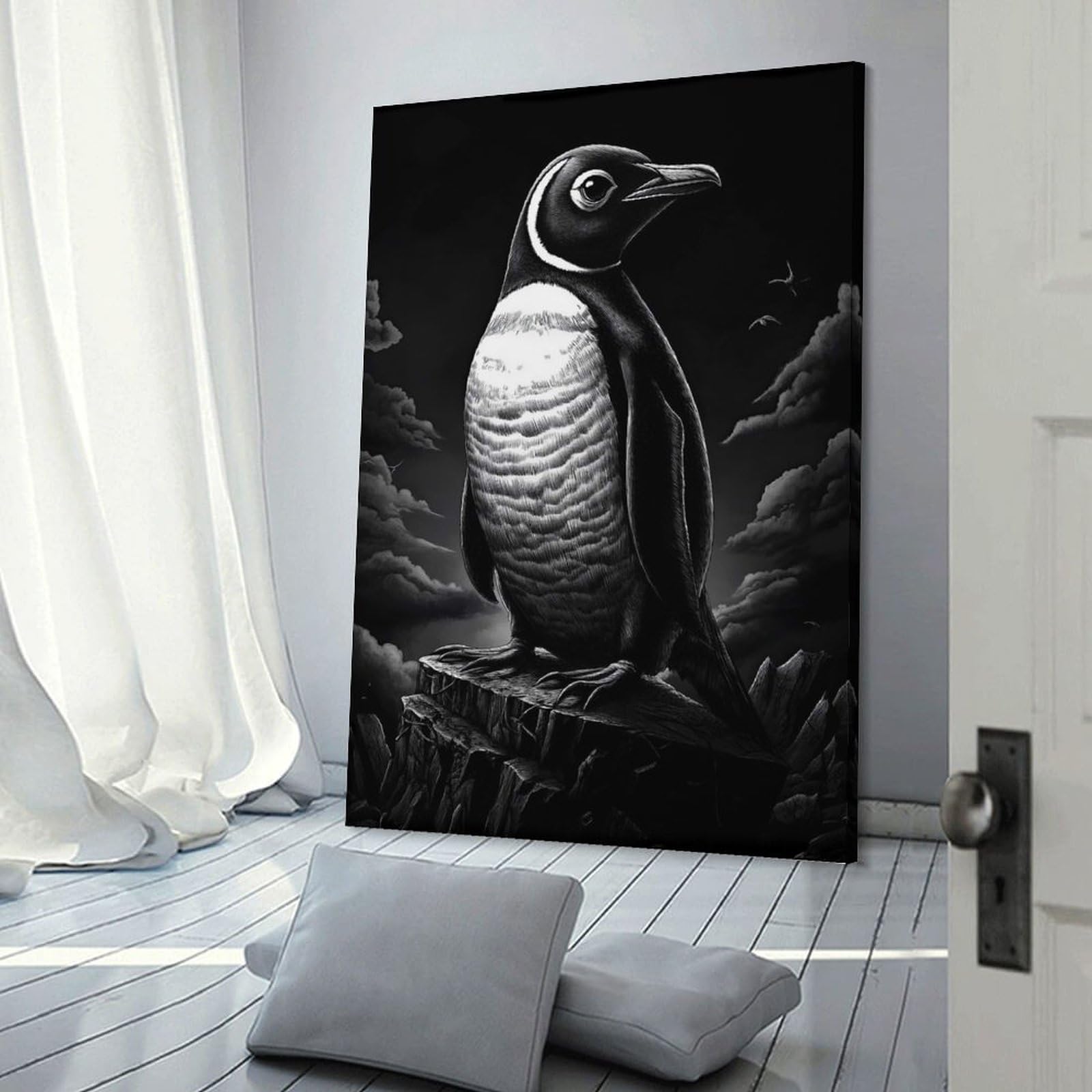 Junmoney Penguin on Cliff Hanging Wall Art 24x36inch(60x90cm), for New Homes, Bedrooms Or Workspaces, Thoughtful Wall Decor for Art Lovers
