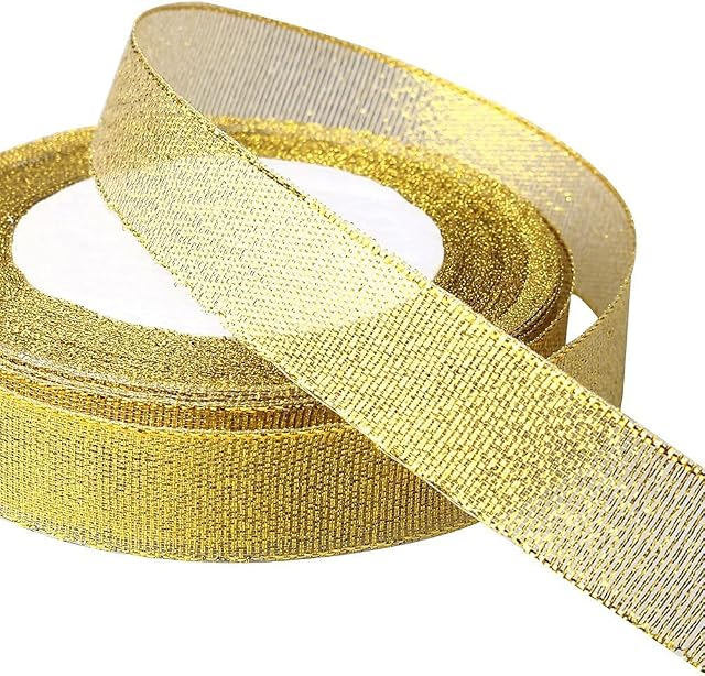 kuou Metallic Gold Organza Ribbon, 20mm 25 Yard Decorative Ribbon Metallic Ribbon Bow Ribbon for Gift Wrapping Arts Crafts and Party Wedding Accessories