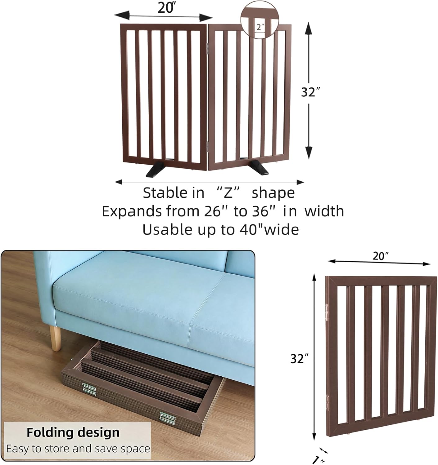 Dog Gate Indoor, Freestanding Dog Fence for The House, Doorways, Hallways,or Stairs,Pet Gate Foldable Wooden,Expandable 32" Height 2 Panels,Brown