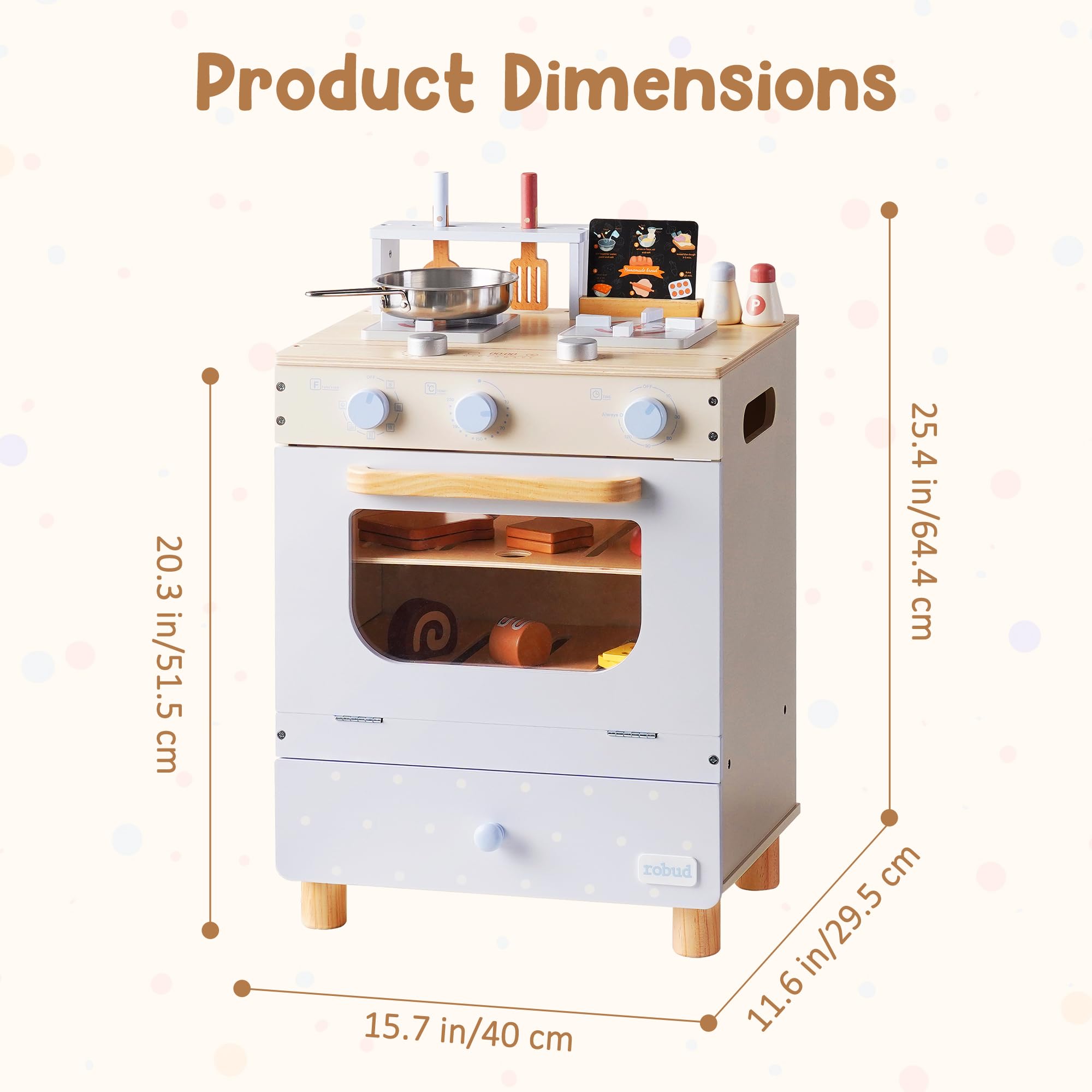 ROBUD Cucina da gioco in legno per bambini, set da cucina con forno giocattolo, fornelli, utensili, biglietti di ricette e pentole, set da cucina per bambini dai 3 anni in su