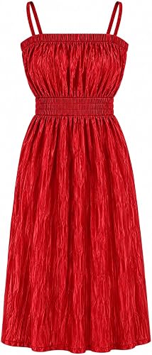 Women's Red Crinkle Polyester Spaghetti Strap Midi Dress