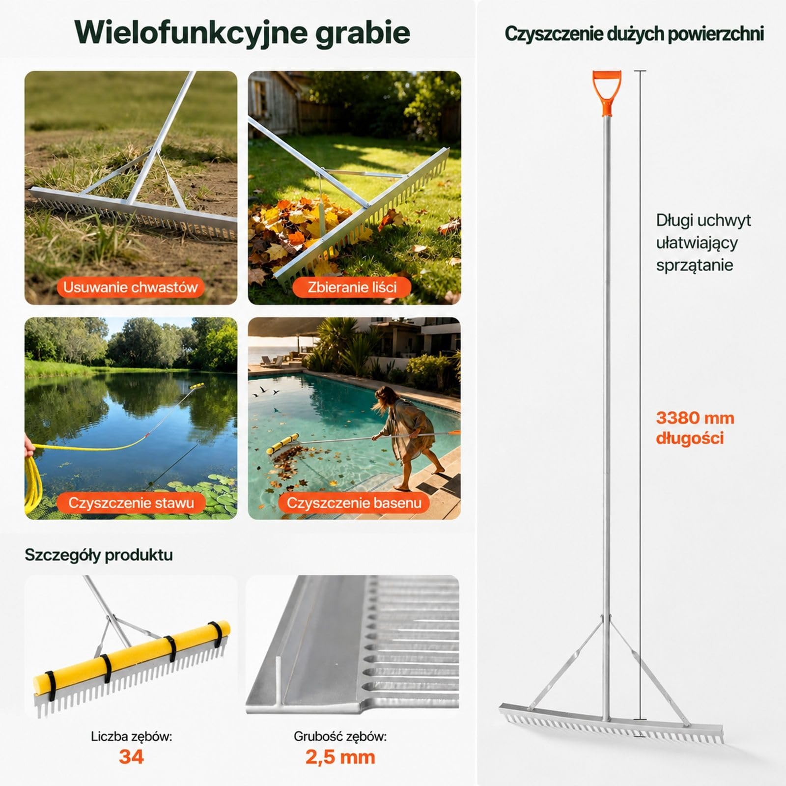 Aluminiowe grabie krajobrazowe z szeroką głowicą i długim trzonkiem do gleby, żwiru, ogrodu, podwórka, stawu, plaży oraz trawnika