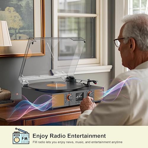 Miniatura 6 de Reproductor de discos de vinilo, tocadiscos Bluetooth de 3 velocidades con altavoces integrados, reproducción de LP accionada por correa, radio FM y