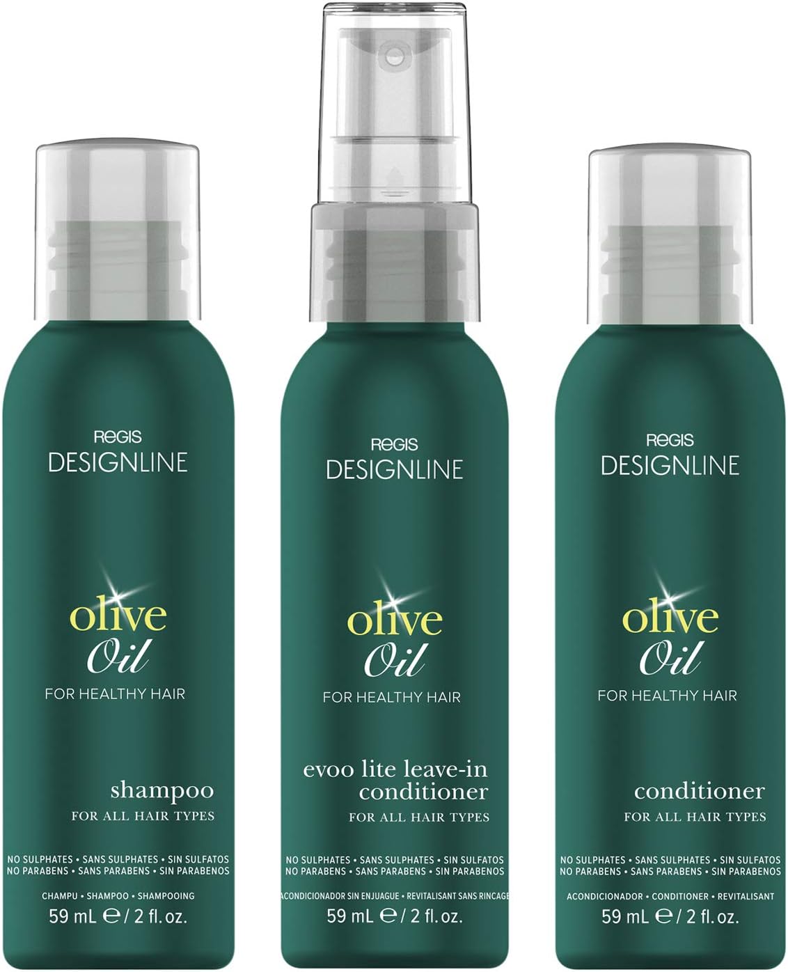 Olive Oil Shampoo and Conditioner Travel Set, Trio Kit - Regis - Convenient Mini Size, Restores Dry and Damaged Hair without Build-Up and Protects Against Damage, Dryness, and Color Fading