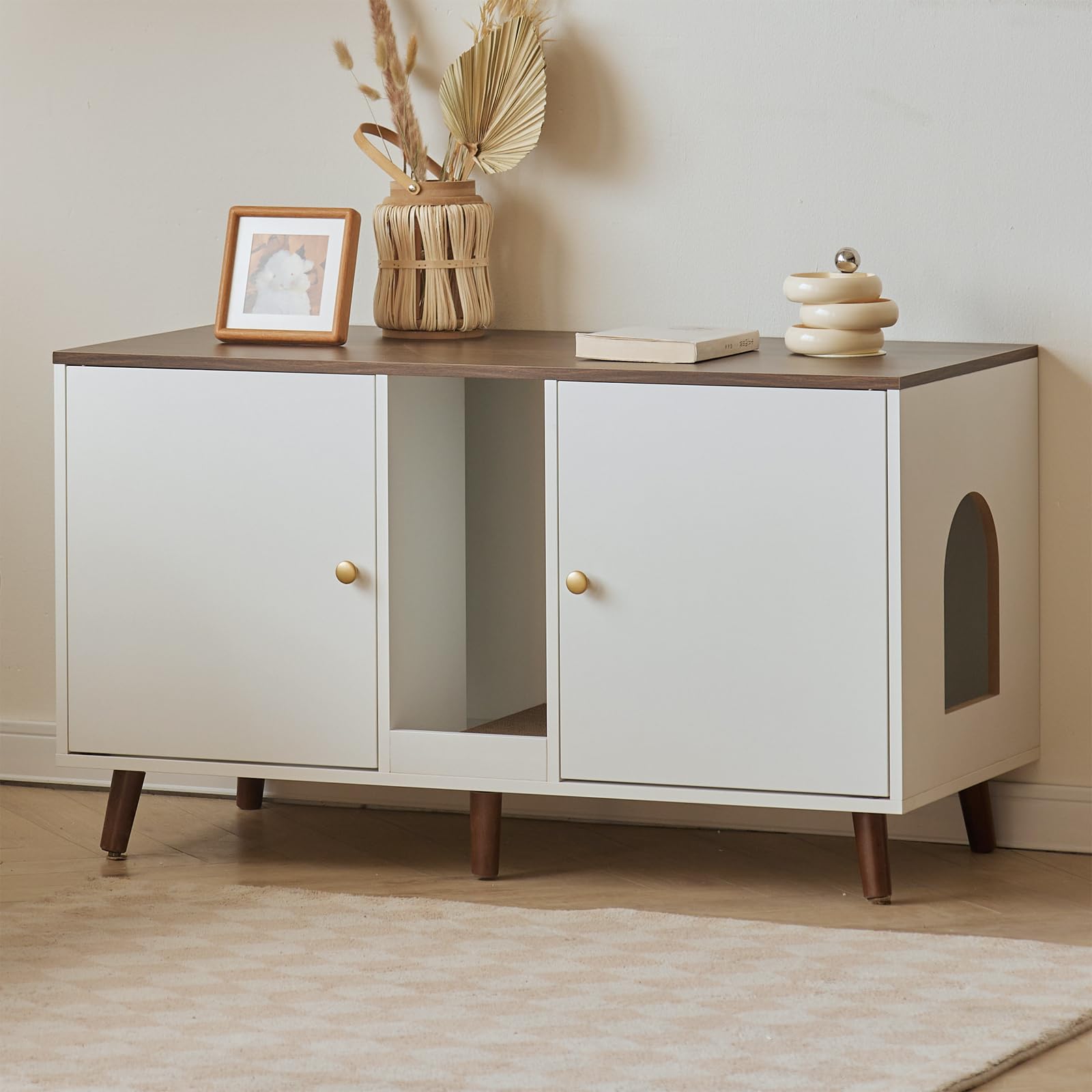 Double Cat Litter Box Enclosure - Hidden Litter Box Cabinet Furniture for 2 Cats Large with Scratching Pad, White