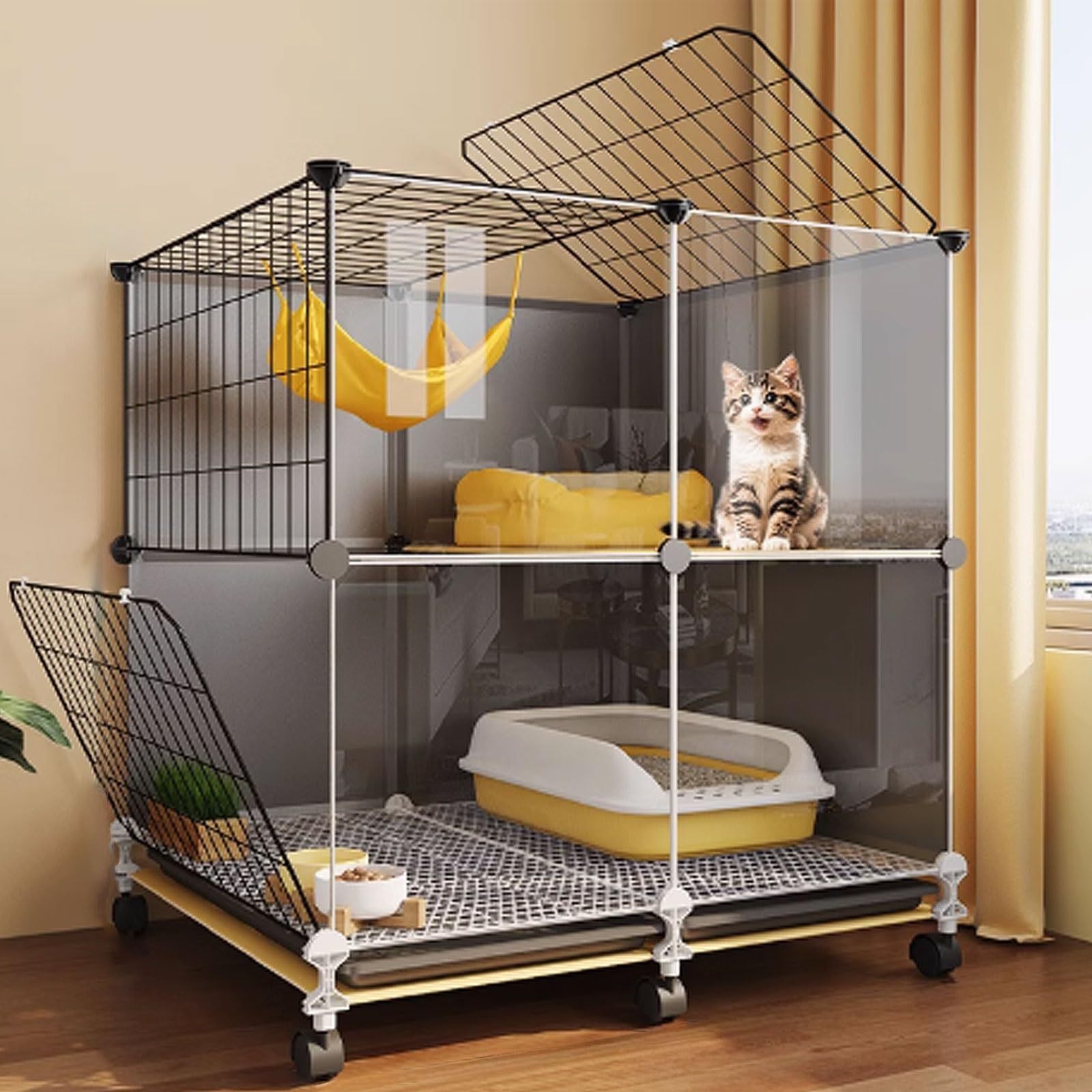 GUQASDV Black Cat Cages Indoor, Catio Indoor Cat Enclosure, Cat Playpen with Top Cover, Cat Crate with Wheels for Ferret, Chinchilla, Rabbit, Small Animals(71 * 46 * 82cm)