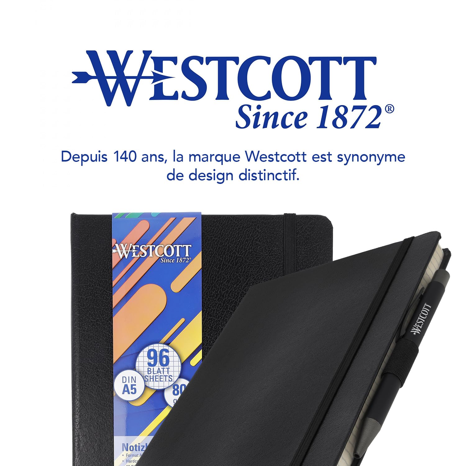 Westcott Carnet de notes DIN A5 quadrillé 192 pages 80 g/m² papier FSC-Mix avec poche intérieure marque-page porte-stylo