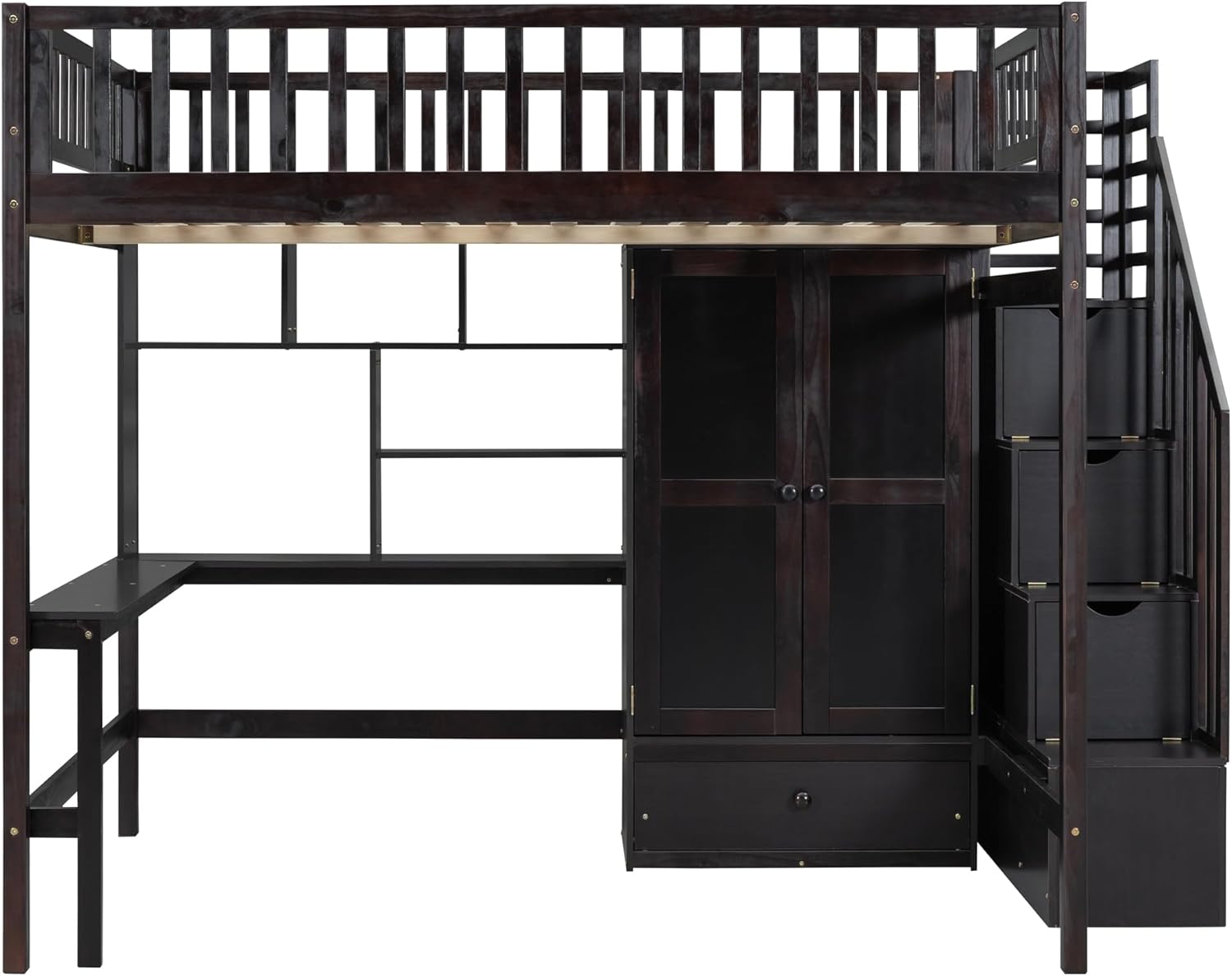 Front view of the assembled SIYSNKSI Full Size Loft Bed, showing the bed frame, desk, and wardrobe.