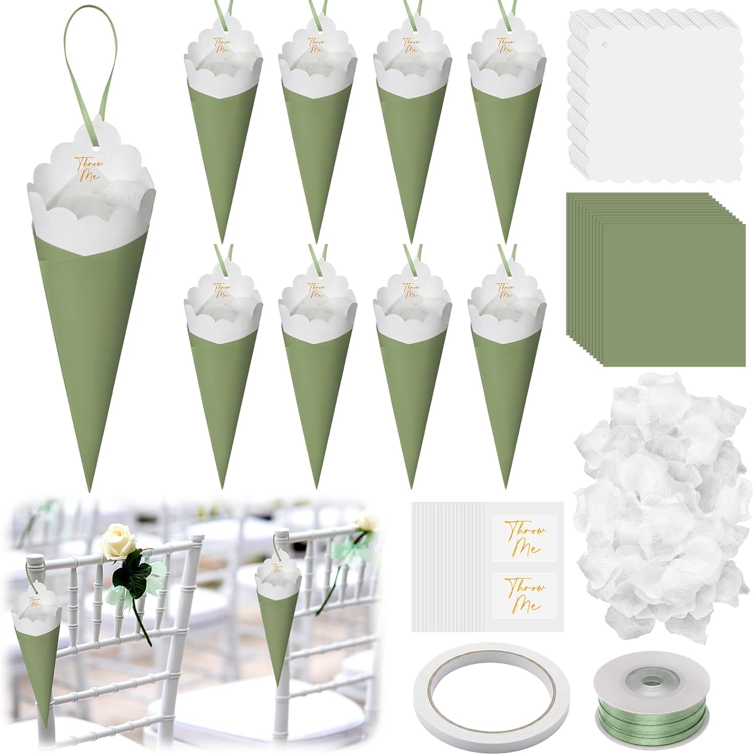 Motiskyy 50 Sets Wedding Flower Confetti Cones Sage Green and White Paper Cones for Crafts Bouquet Wrapping Paper, Flower Petals Stickers Ribbon Rope and Tape for Wedding Party Bridal Shower Decor