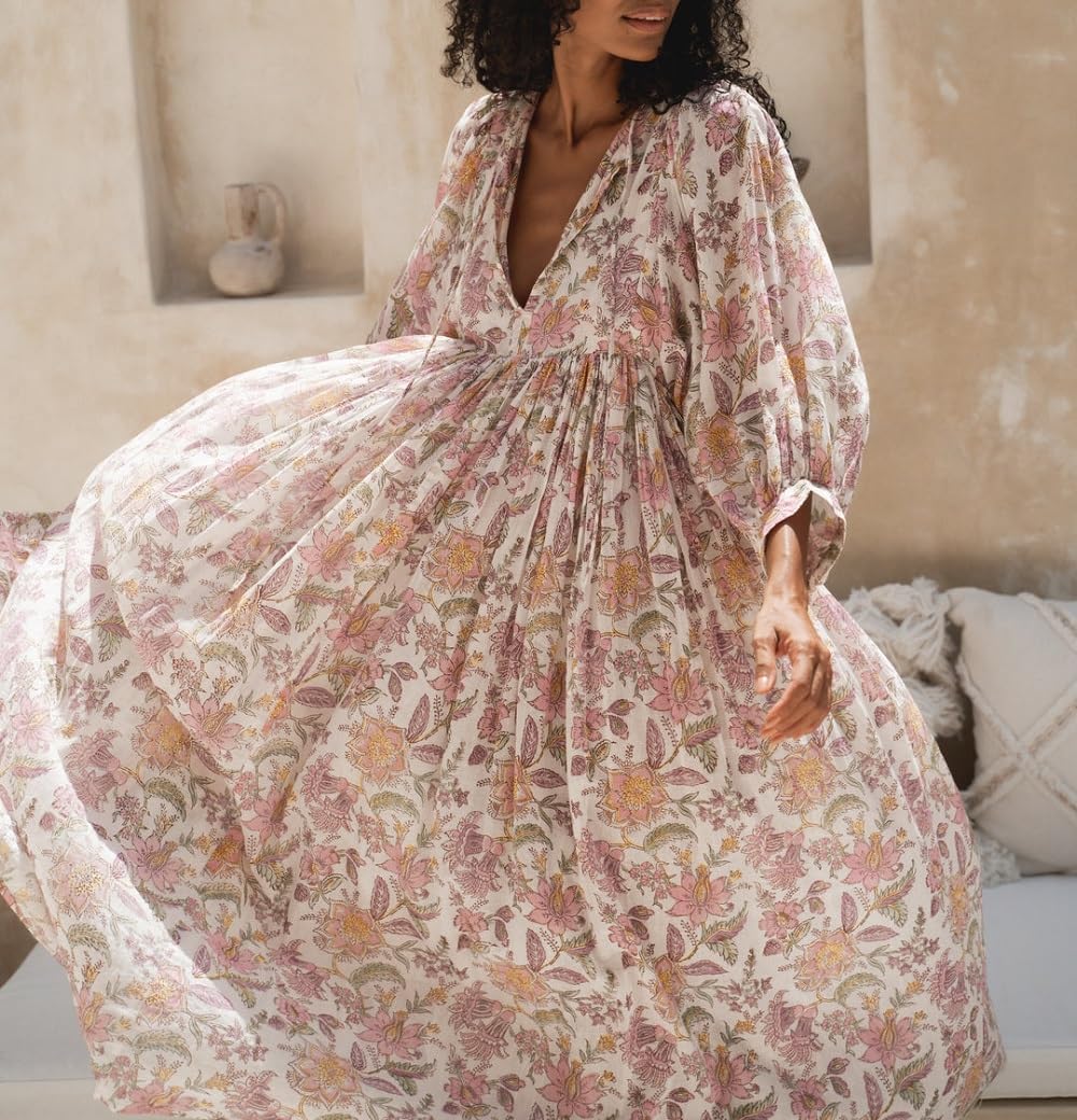 Women Boho Floral Maxi Dress Puff Sleeve V Neck Long Dress Bohemian Flowy Tiered Dress Loose Fit Shirt Dress - Image 2