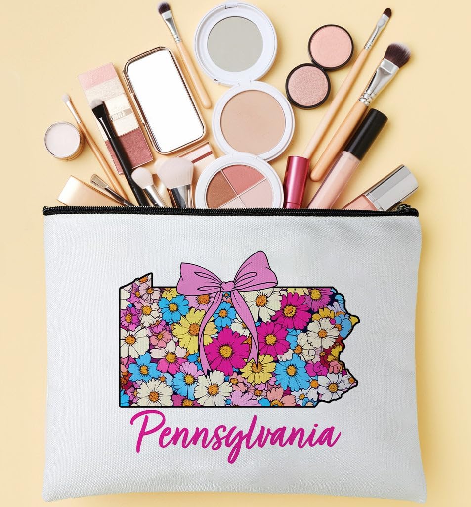 Floral Coquette State Pennsylvania Makeup Bag - Retro Floral State Travel Zippered Makeup Bag Gift For Women - Friends - Pennsylvania Lovers On Birthday - Mothers Day - Holiday - Image 2
