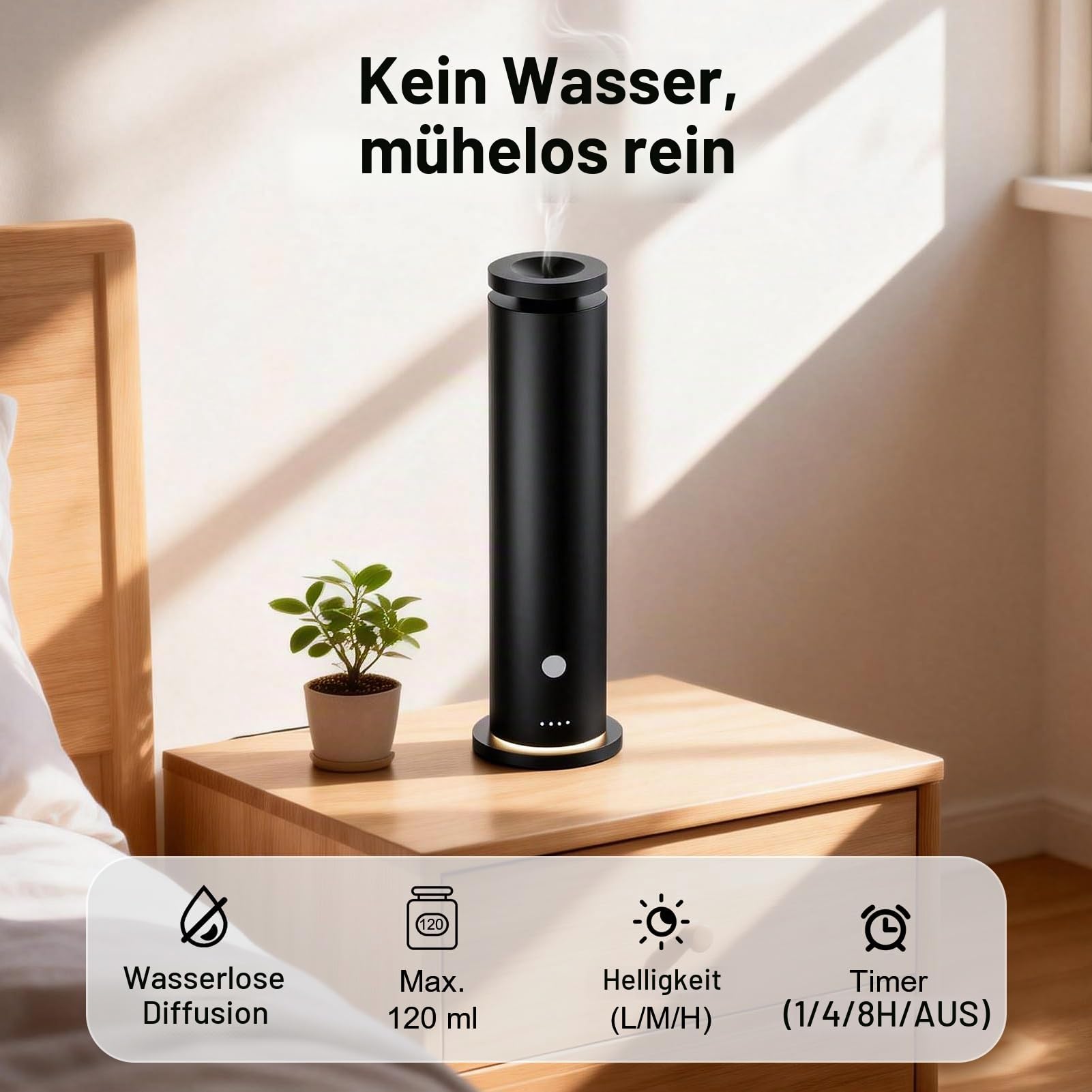Wasserloser Aroma Diffuser Starter-Kit mit 5 Ätherischen Ölen, Diffuser für Ätherische Öle 150 m² Raumabdeckung, 6 Intensitätsstufen, Fernbedienung, Timer, 20 dB, Duft Diffuser Schwarz