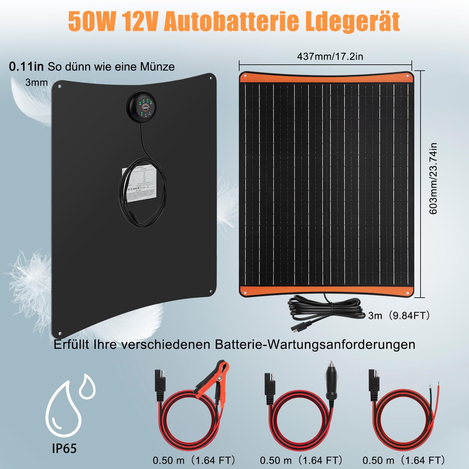 【50W Caricabatteria Solare】DERUXI 50W Pannello Solare 12V Caricatore di Mantenimento, Carica Batteria Auto, Alimentazione di Emergenza Pannelli Solari Portatile SAE Cavo Coccodrillo per Camion Moto RV