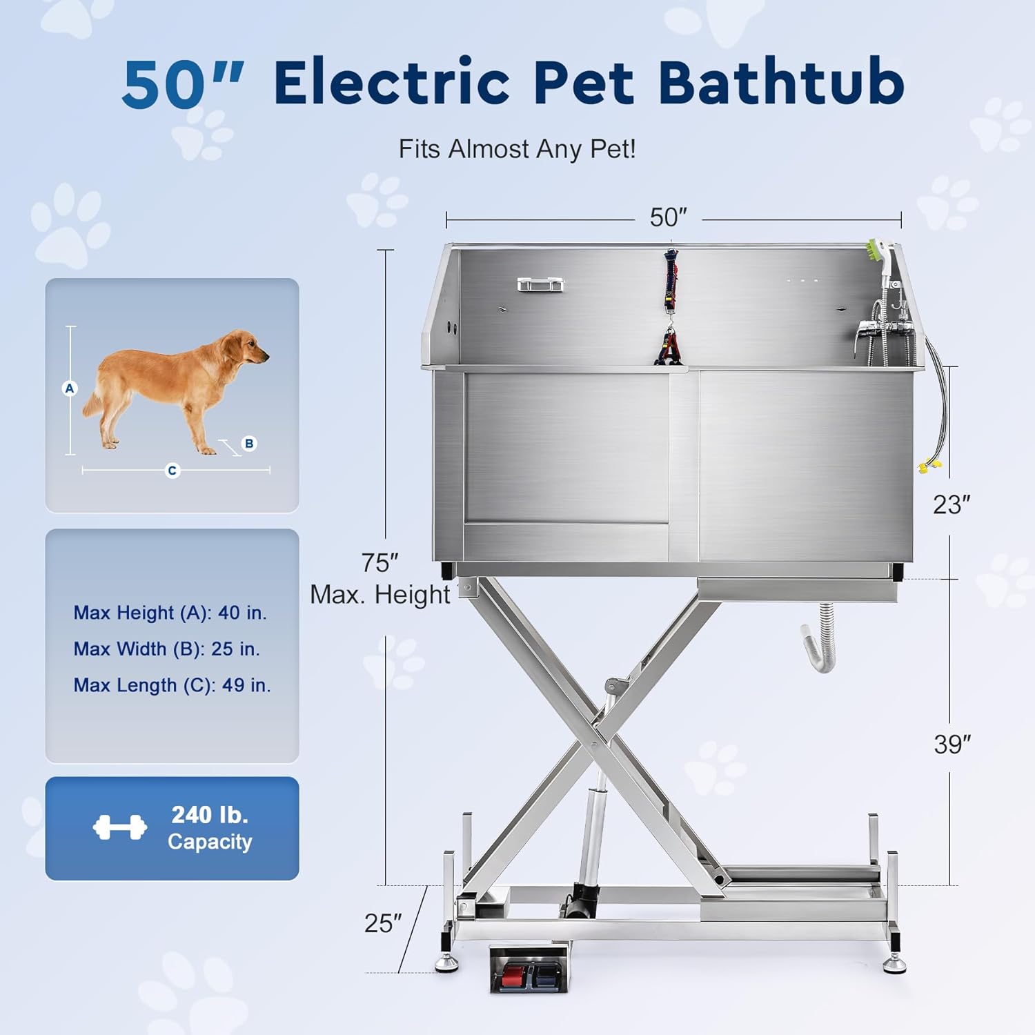 CO-Z 50" Electric Dog Bathing Station Height Adjjustable, Professional Stainless Steel Dog Grooming Bathtub for Medium Small Dogs,Dog Washing Station for Home with Faucet and Accessories