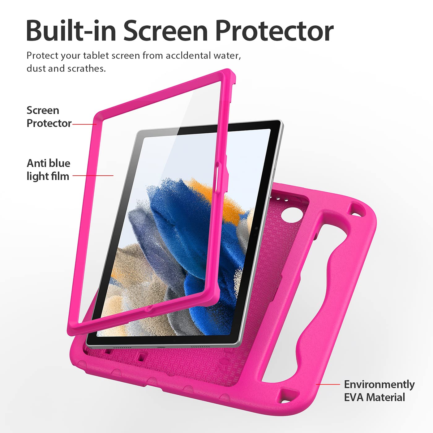 Funda Niños para Samsung Galaxy Tab A8 10,5 Pulgadas (SM-X200/X205/X207) con Protector de Pantalla Incorporado, Asa Infantil y Correa de Hombro, Funda Infantil Antichoque, Magenta