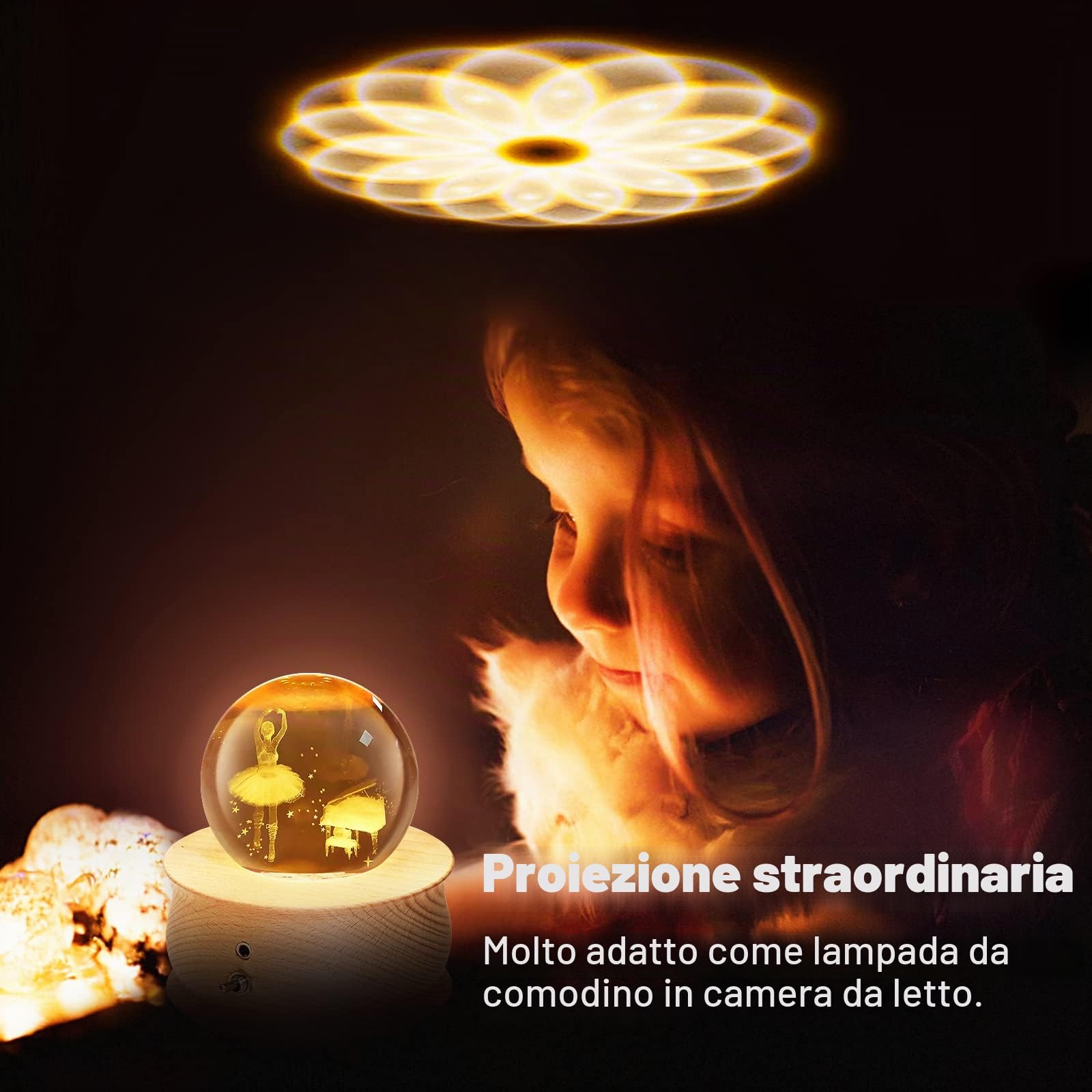 Wholede Carillon in Legno con Sfera di Cristallo Rotante a 360°, Funzione di Proiezione di Luce Calda, Musica Rilassante, Lampada a LED, Idea Regalo da Donna, per Il Compleanno e la Festa della Mamma