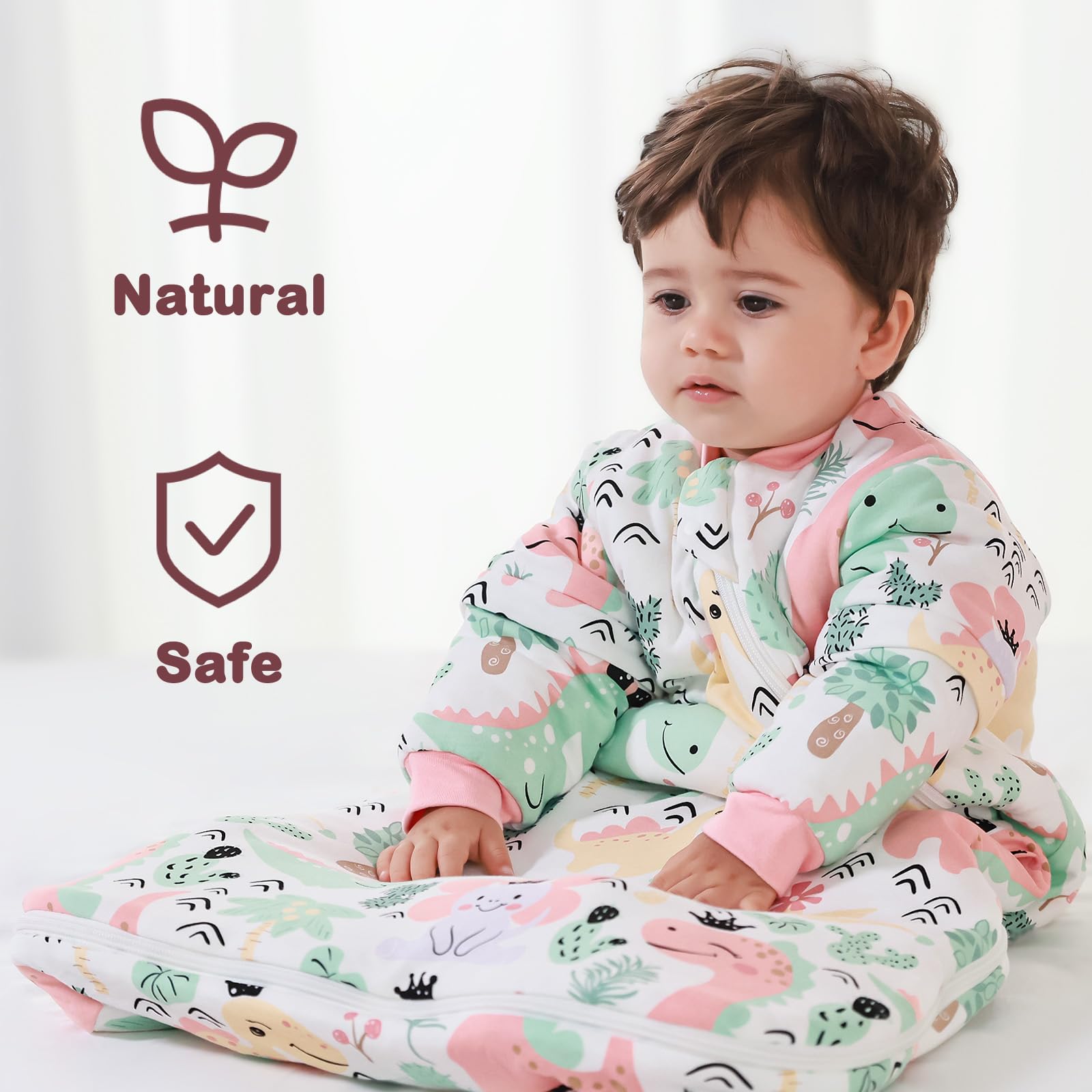 MIKAFEN Sacco nanna invernale per bambini 3,5 tog con maniche rimovibili, 100% cotone sacco a pelo con braccia,Regina dei dinosauri 6-14 mesi