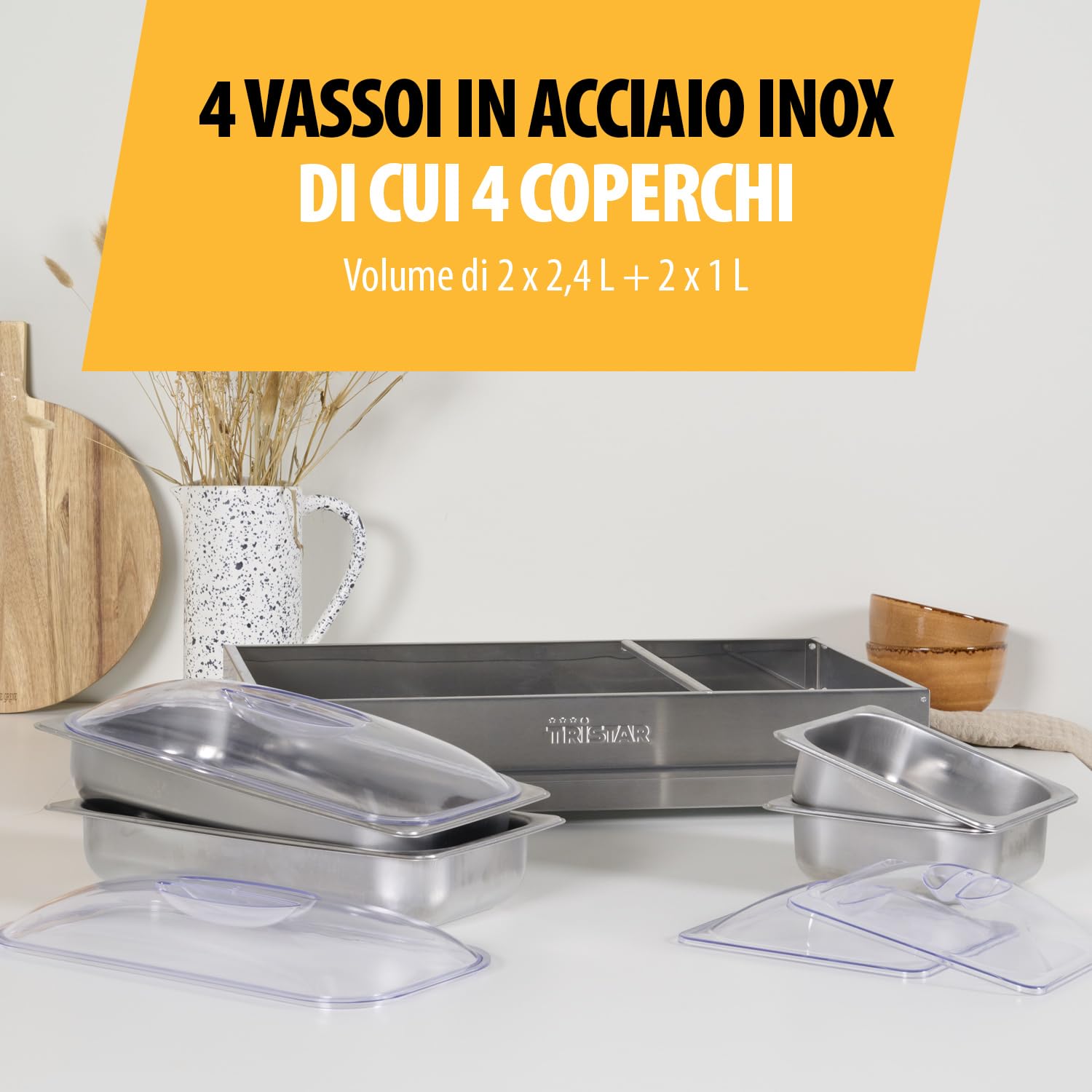 Tristar Scaldavivande Buffet in Acciaio Inox, 300 W, Termostato Regolabile, 4 Contenitori con Coperchio, Funzione Piastra Riscaldante e Mantieni Caldo, Argento, BP-6285