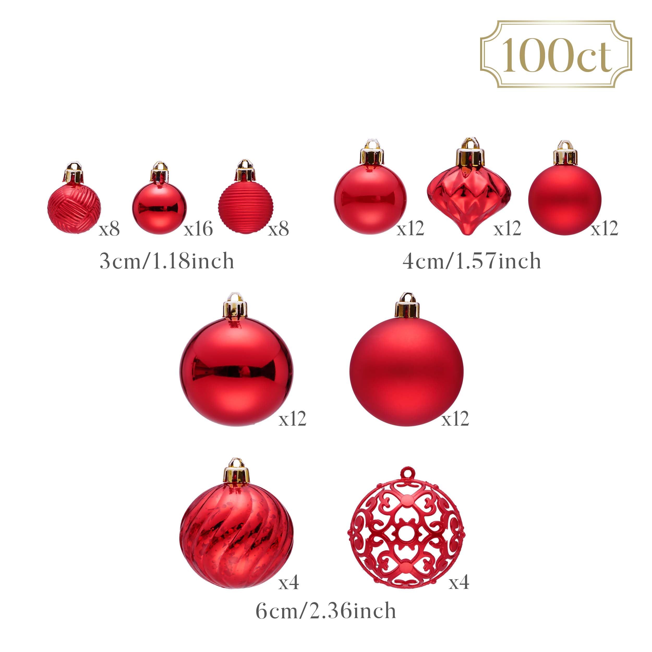 Valery Madelyn Lot de 100 boules de Noël avec paquet cadeau - Décoration de sapin de Noël avec crochet de suspension - Thème rouge
