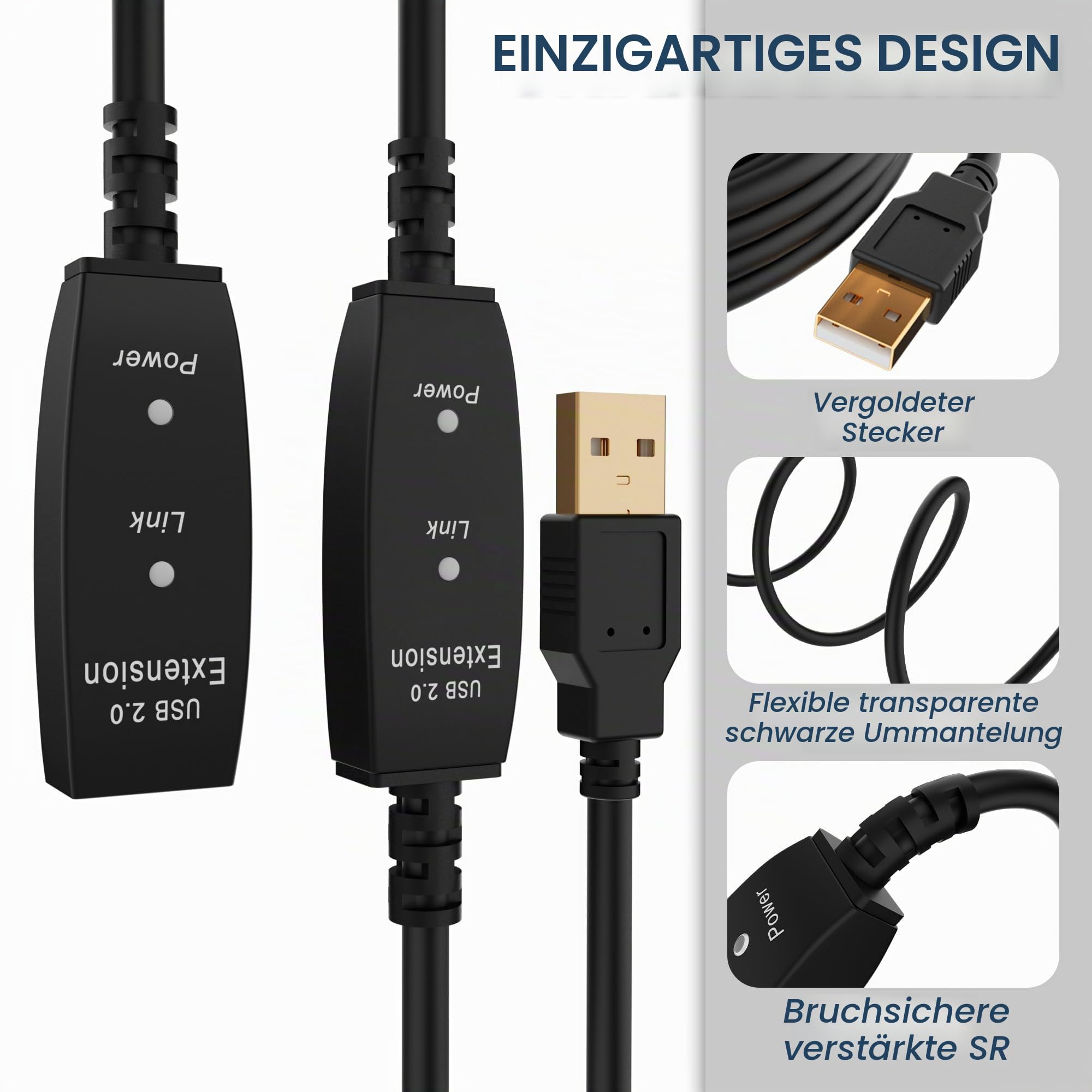 USB 2.0 Aktiv Verlängerungskabel 30m,Typ A Stecker auf Buchse,mit 3 Signalverstärker und doppelter LED-Arbeitsanzeige,ABS-Gehäuse,DC Schnittstelle(DC Netzteil im Lieferumfang enthalten)