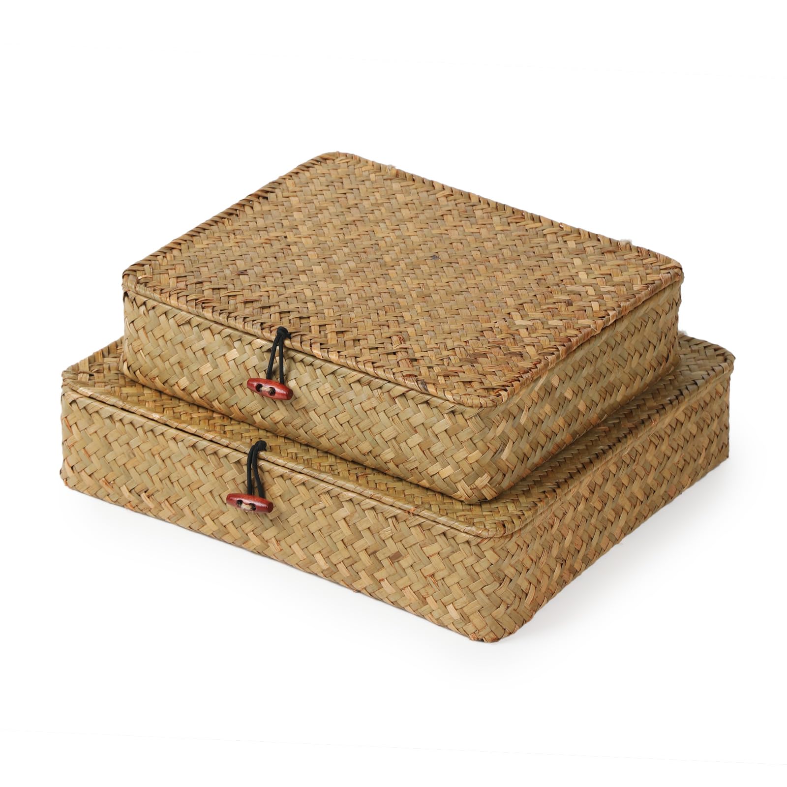 2 Pack, Wicker Baskets with Lids, Nautral Seagrass Storage Baskets, Woven Rectangular Basket Bins, Rattan Storage Organizer for Shelf (Caramel (Set of 2))