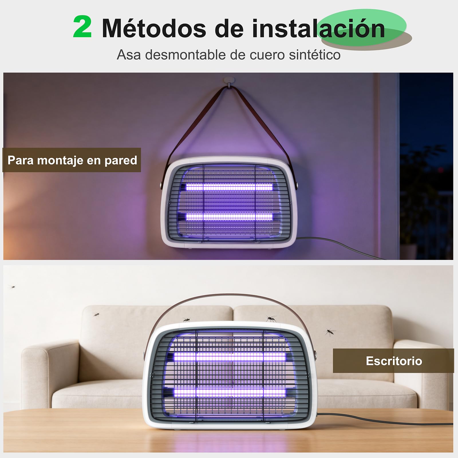 Lámpara Antimosquitos 4200V, 2x20W LED, Mata Mosquitos Eléctrico y Antimosquitos Eléctrico Silencioso, con Bandeja Extraíble – para Interior,y Exteriores. Hogar, Dormitorio, Cocina, Salón