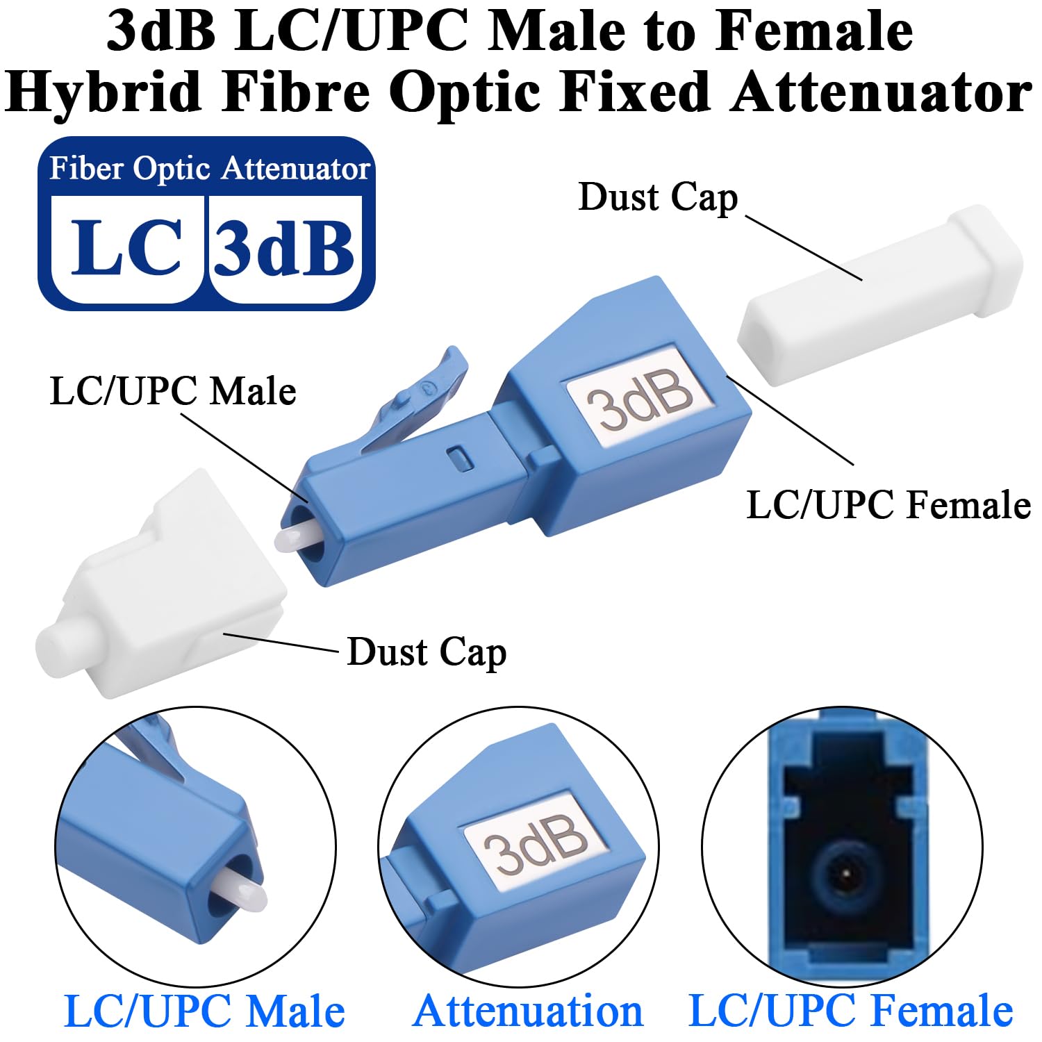 QIANRENON 5dB LC Singola modalità Fibra Ottica Attenuatore Fisso LC/UPC Maschio a Femmina Attenuatore Ottico Fisso Adattatore Lc-UPC Fixed Attenuator Valore di Attenuazione 5dB±0,5 per reti in fibra