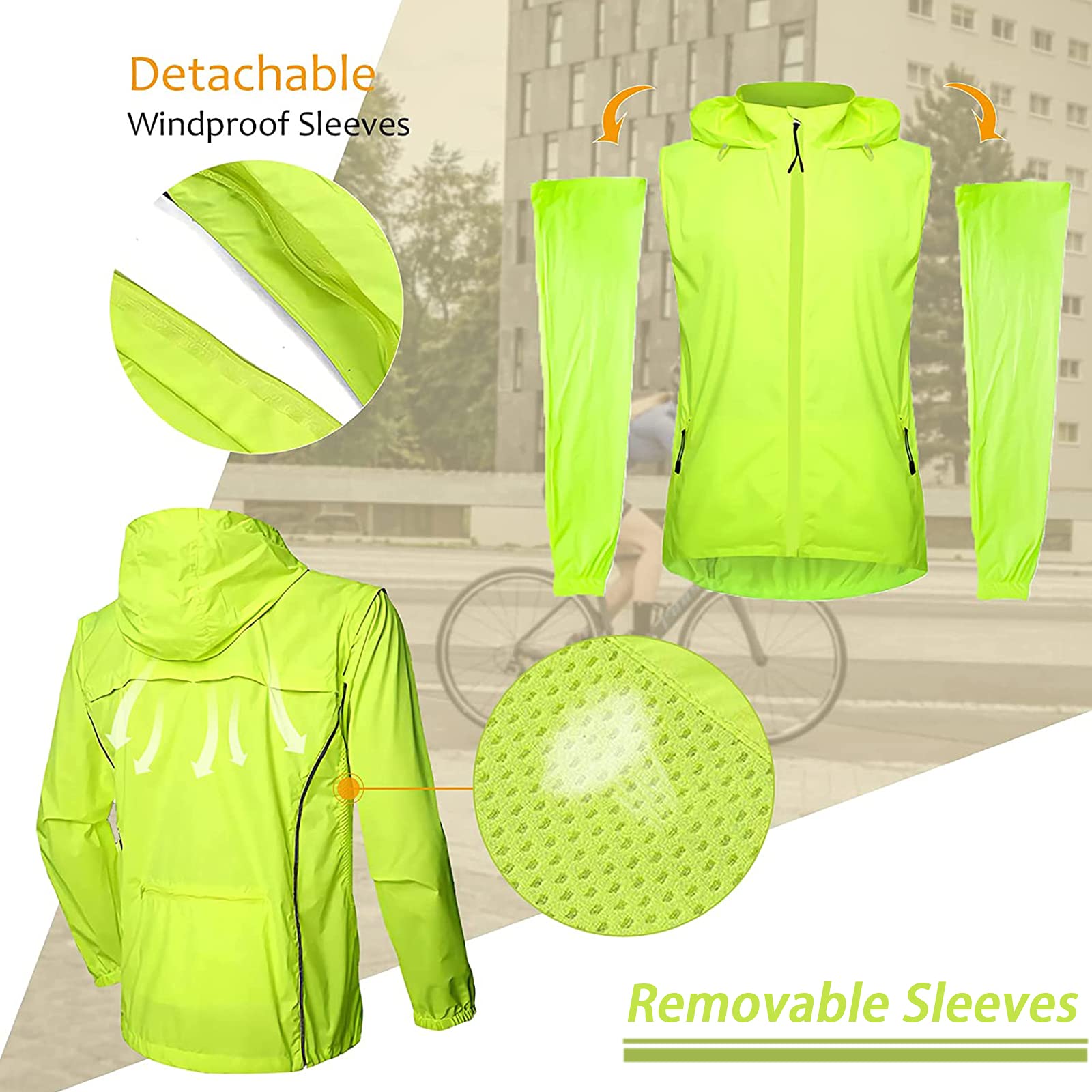Langarm Fahrradjacke Herren,Sommer Wasserdicht Atmungsaktiv Fahrrad Klamotten,Winddichte Schnell Trocknen Regenjacke Laufjacke,für Radfahren Wandern Bergsteigen,Fluo