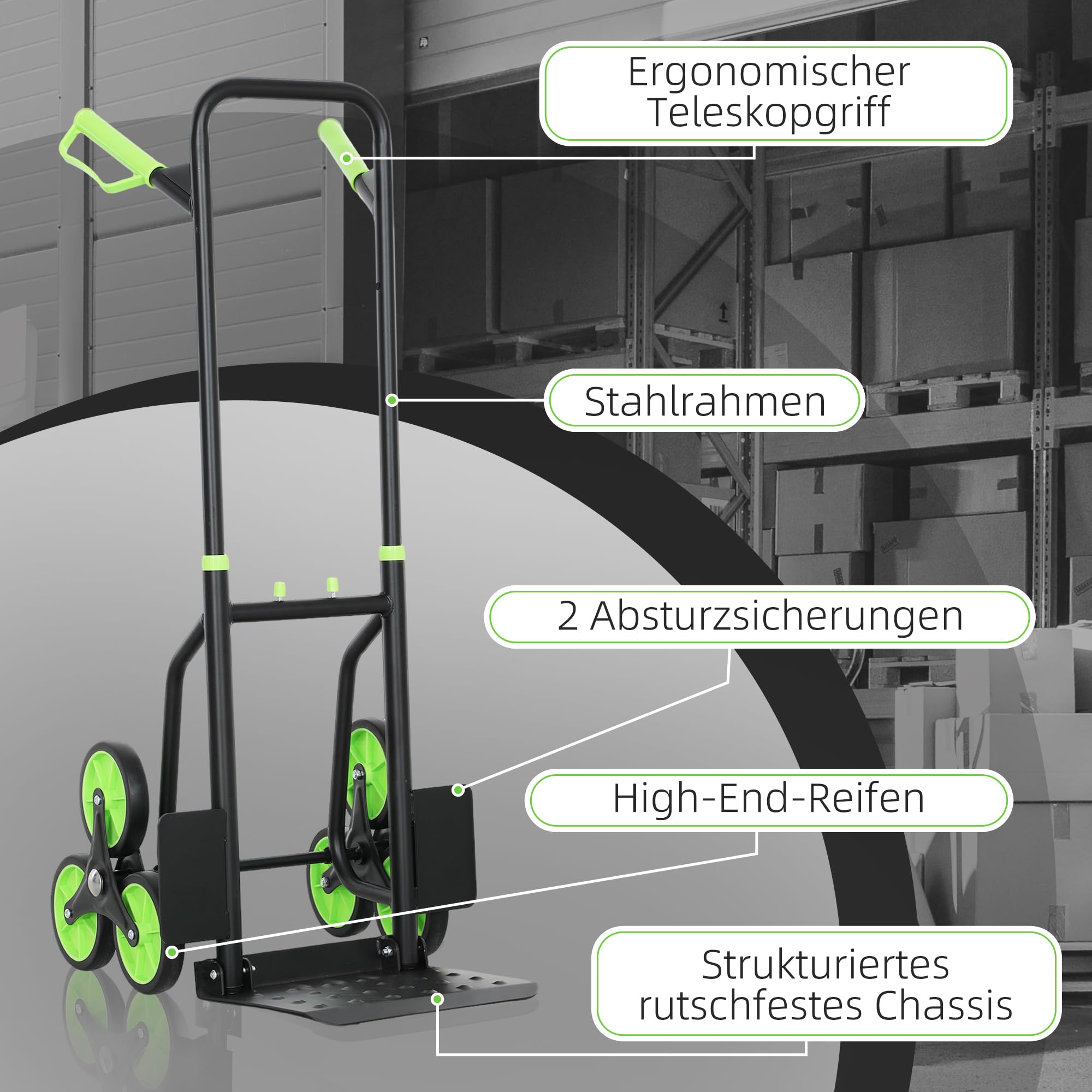 DURHAND Treppensteiger Sackkarre klappbar Transportkarre mit Stahlrahmen max. 120kg 106,5 cm Transportwagen für Umzug Werkstatt Lager Grün