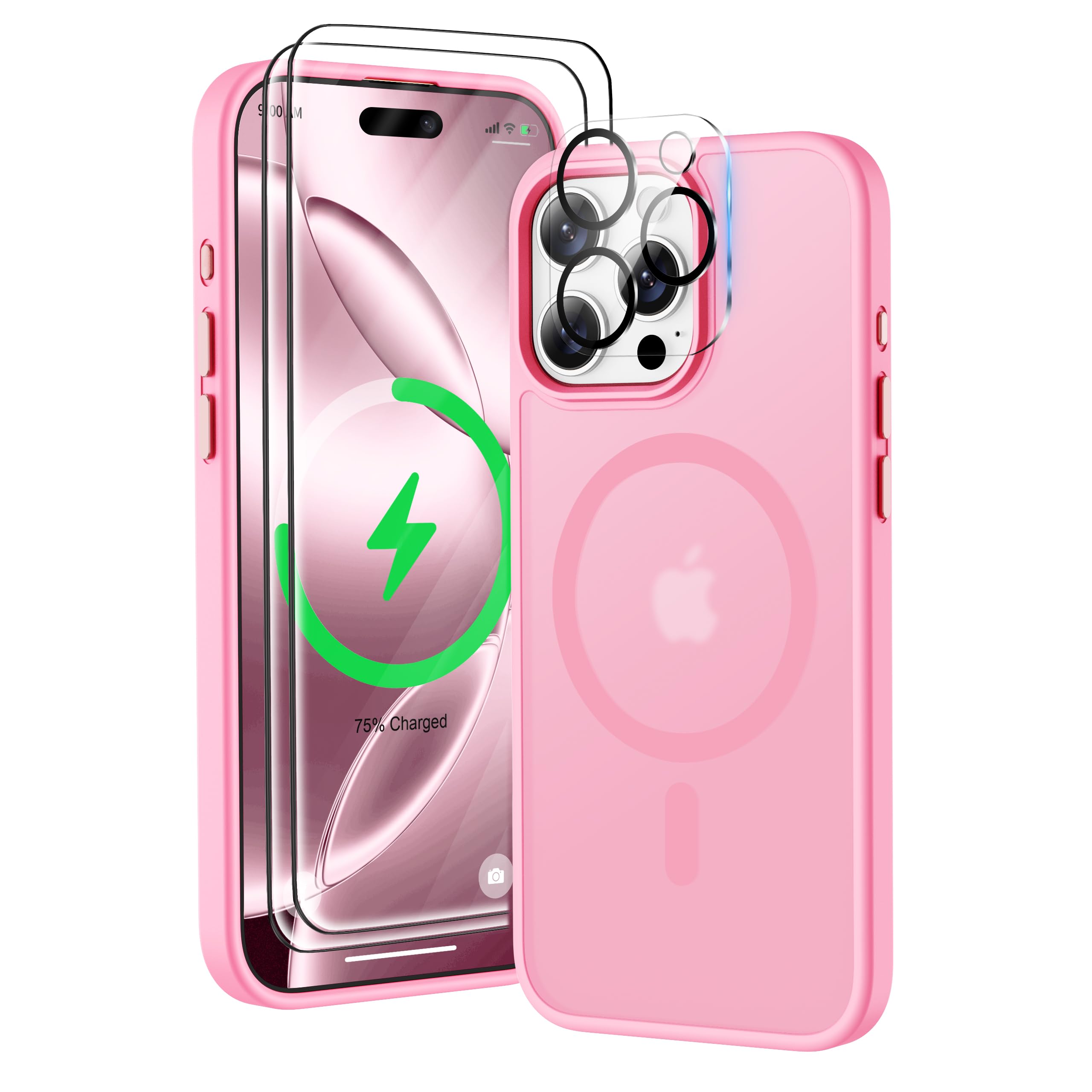ORETECH Magnetic for iPhone 16 Pro Case, [Compatible with MagSafe][2 Pcs Screen Protectors + Camera Lens Protector][15 FT Drop Protection]Frosted Translucent Back, Shockproof, Anti-Scratch, Light Pink