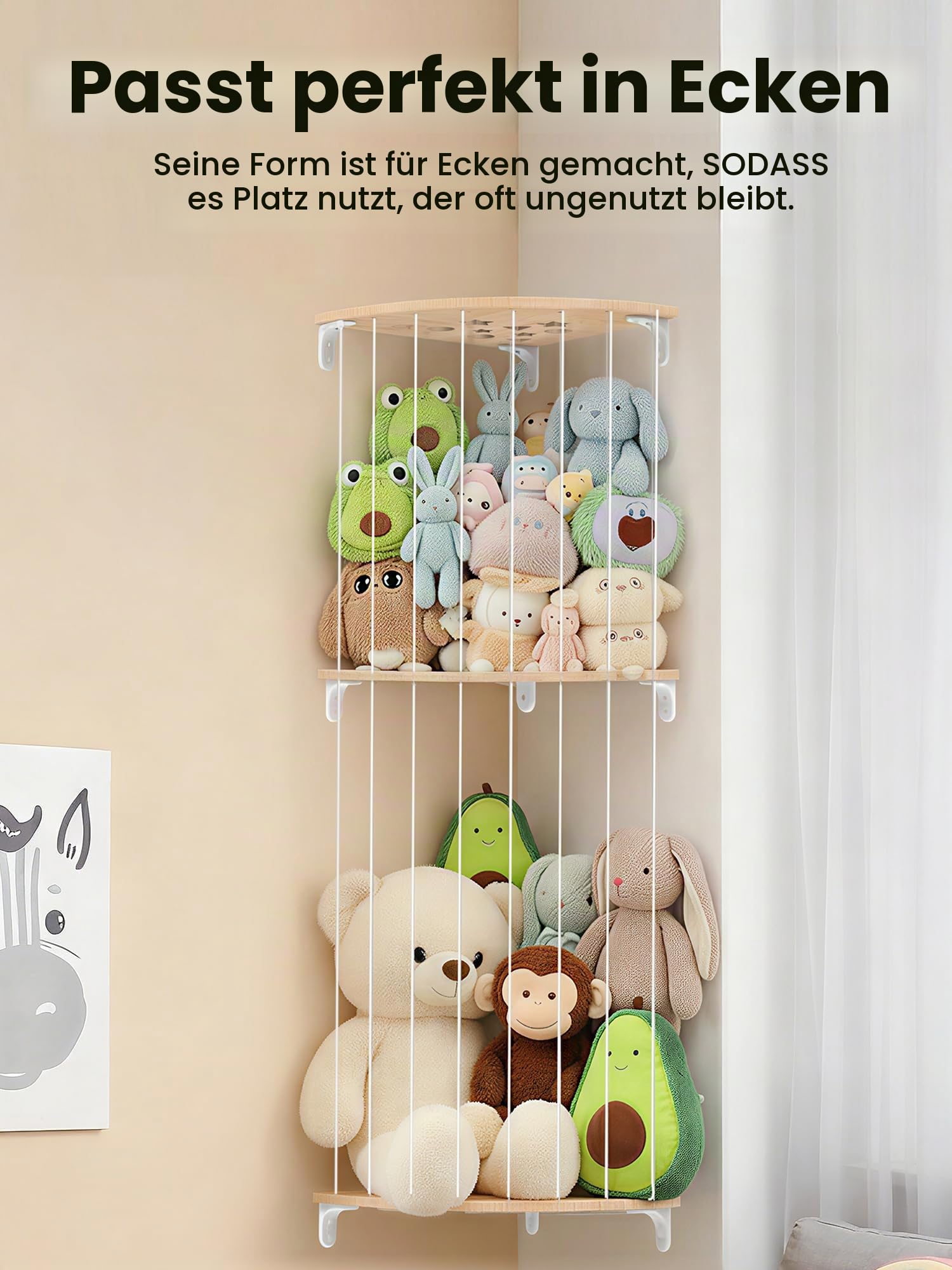 SUNMON 2-Etagen Kuscheltier Aufbewahrung Wandregal, Ecke Stofftier Aufbewahrung Organizer Wandmontiert 1,8 Meter Stauraum Plüschtier Aufbewahrung Netz Platzsparend Wandregal Holz für Kinderzimmer Küche, Haushalt & Wohnen