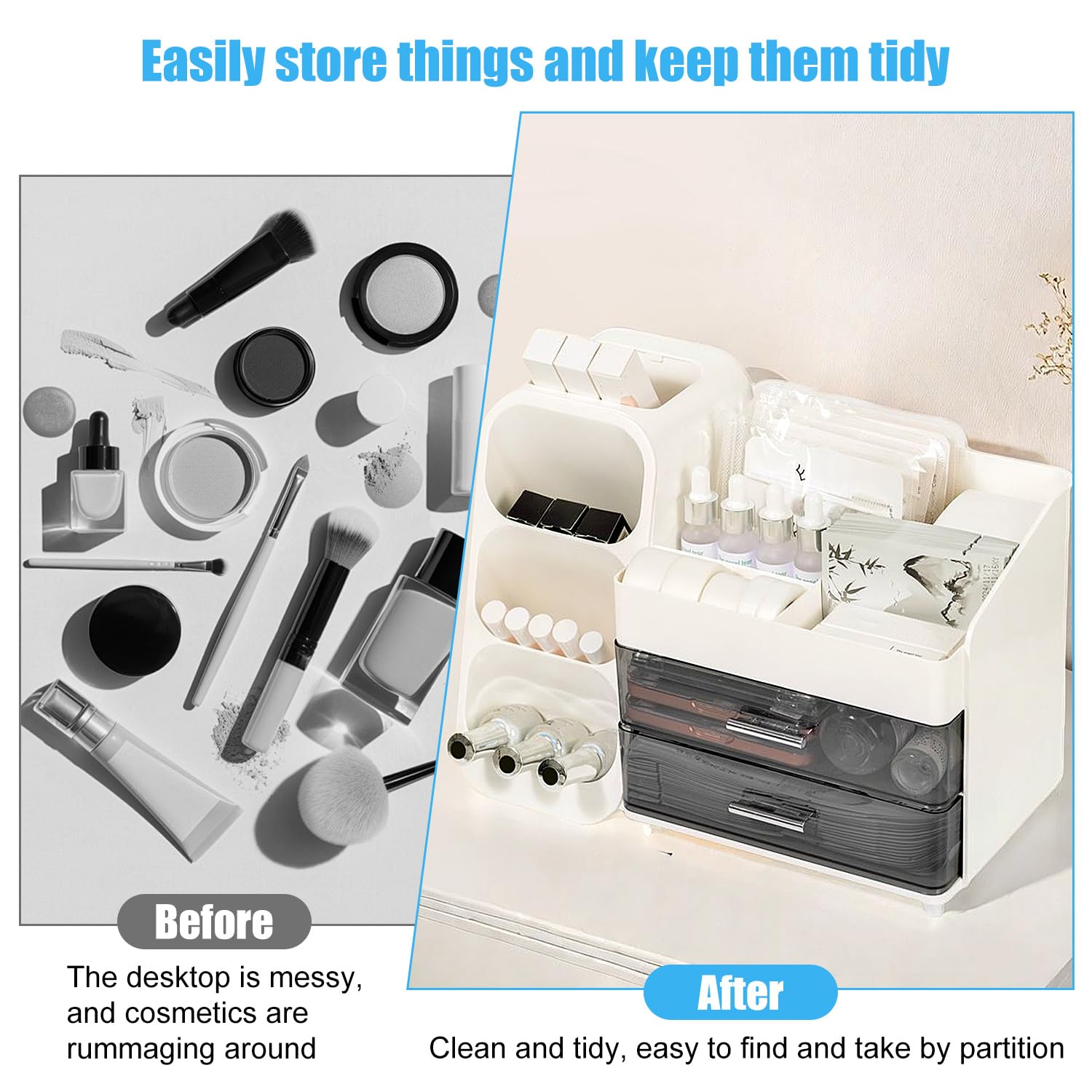 Makeup Organizer z 2 szufladami, organizer na pędzle, duża skrzynka na kosmetyki (Biały)