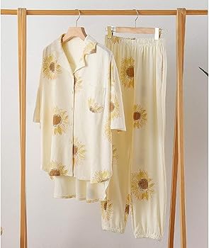 Amazon | [AOBRICON] 前開きパジャマ レディース 寝間着 夏 ひまわり柄
