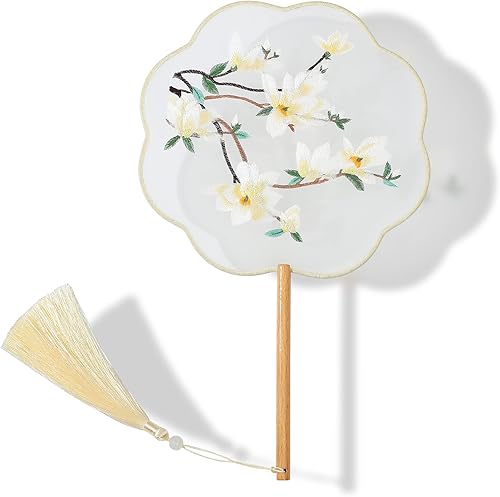 Ventilador de mano bordado de seda translúcida, ventilador redondo chino, ventilador de mano antiguo, ventilador de baile tradicional de palacio,