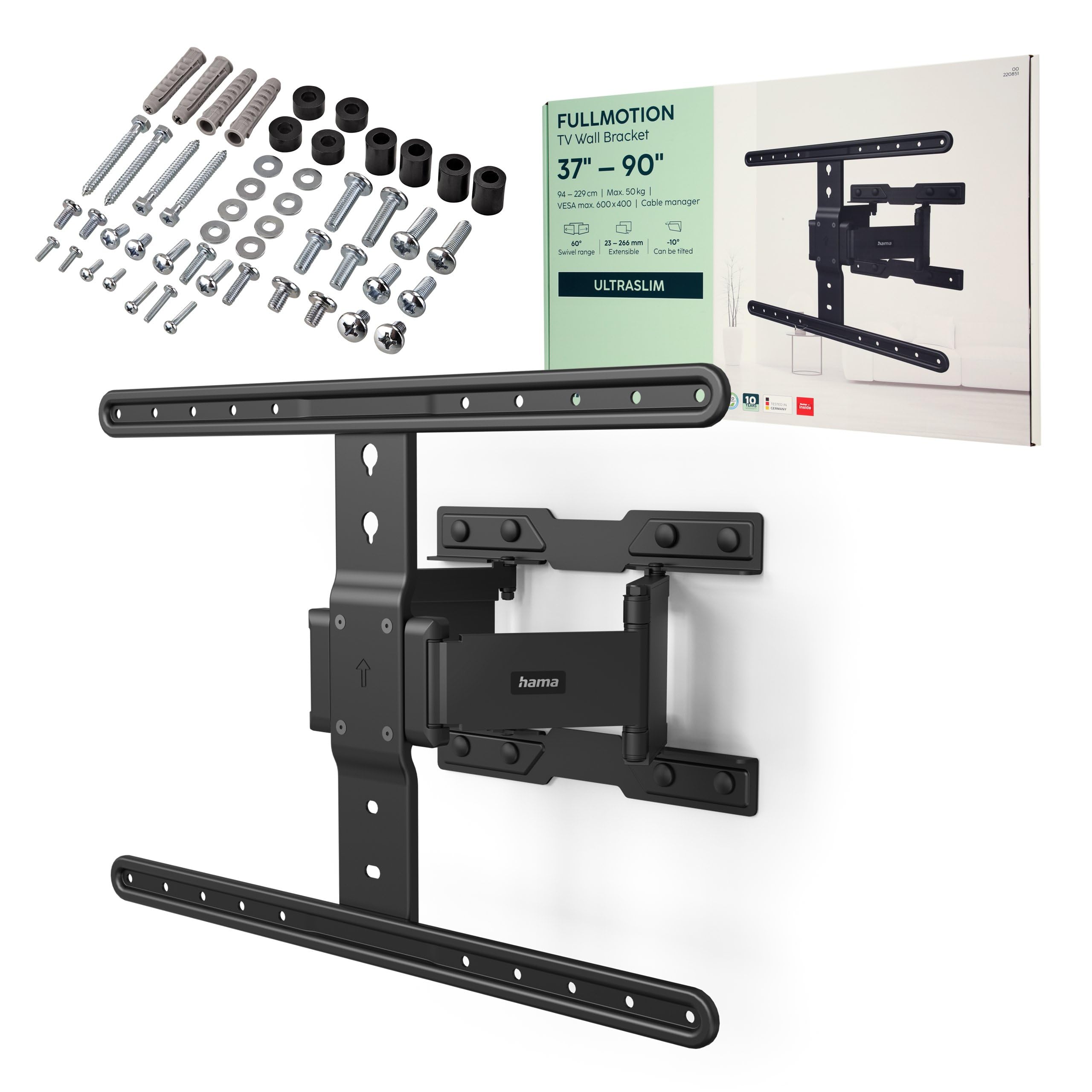 Hama Soporte de Pared para TV orientable, inclinable, Delgado (TV 37-90 Pulgadas, VESA 200 x 200 hasta VESA 600 x 400, hasta 50 kg, Soporte Extensible, Baja Distancia a la Pared, con Tacos Fischer),
